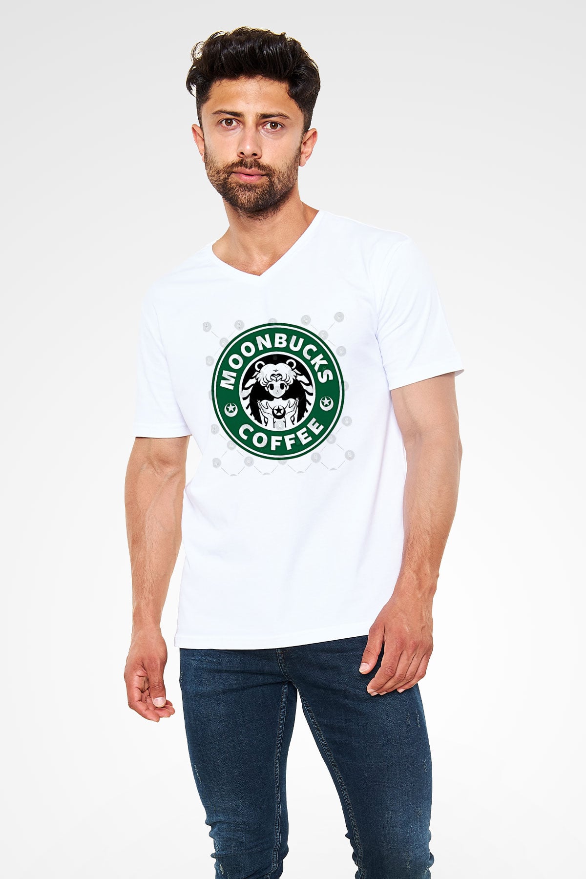 Sailor Moon Baskılı Beyaz Unisex V Yaka Tişört - Tshirt