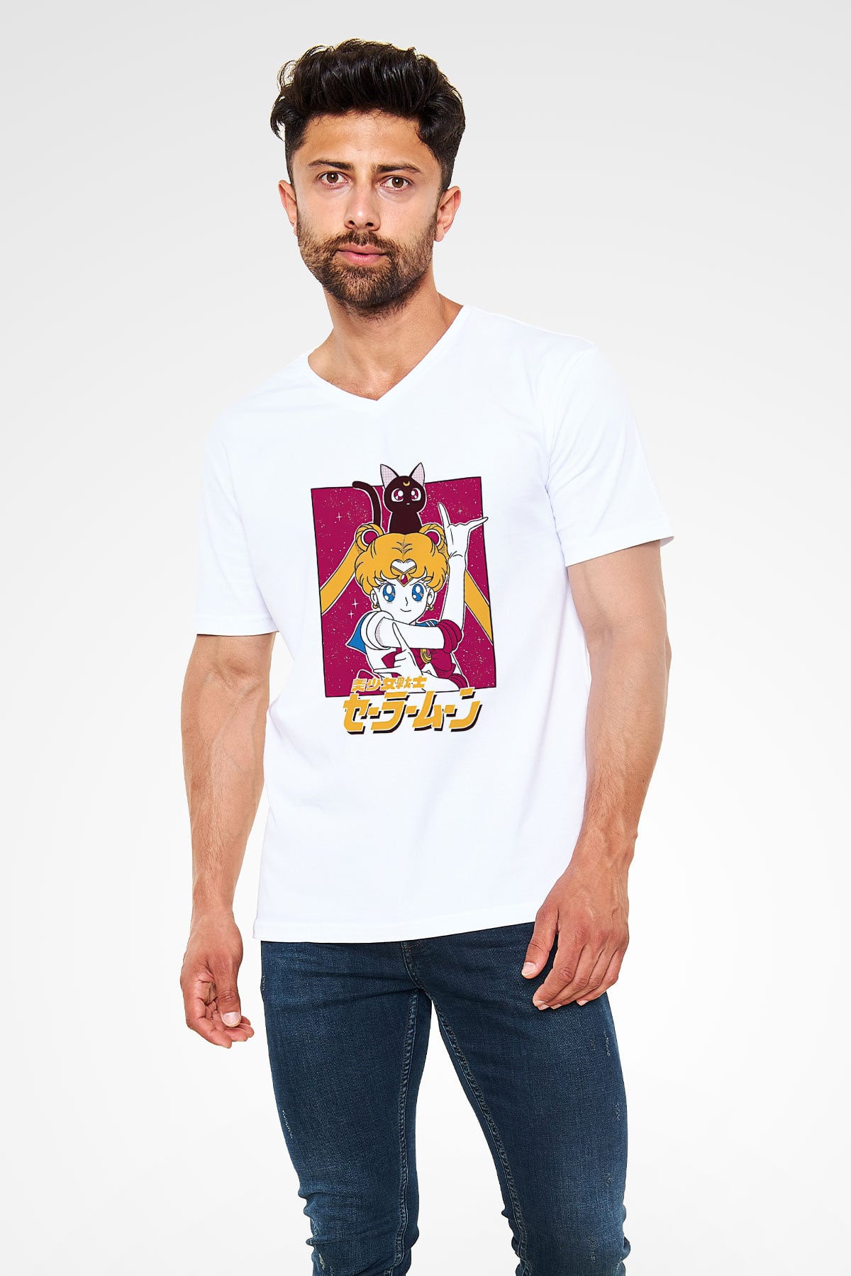 Sailor Moon Baskılı Beyaz Unisex V Yaka Tişört - Tshirt