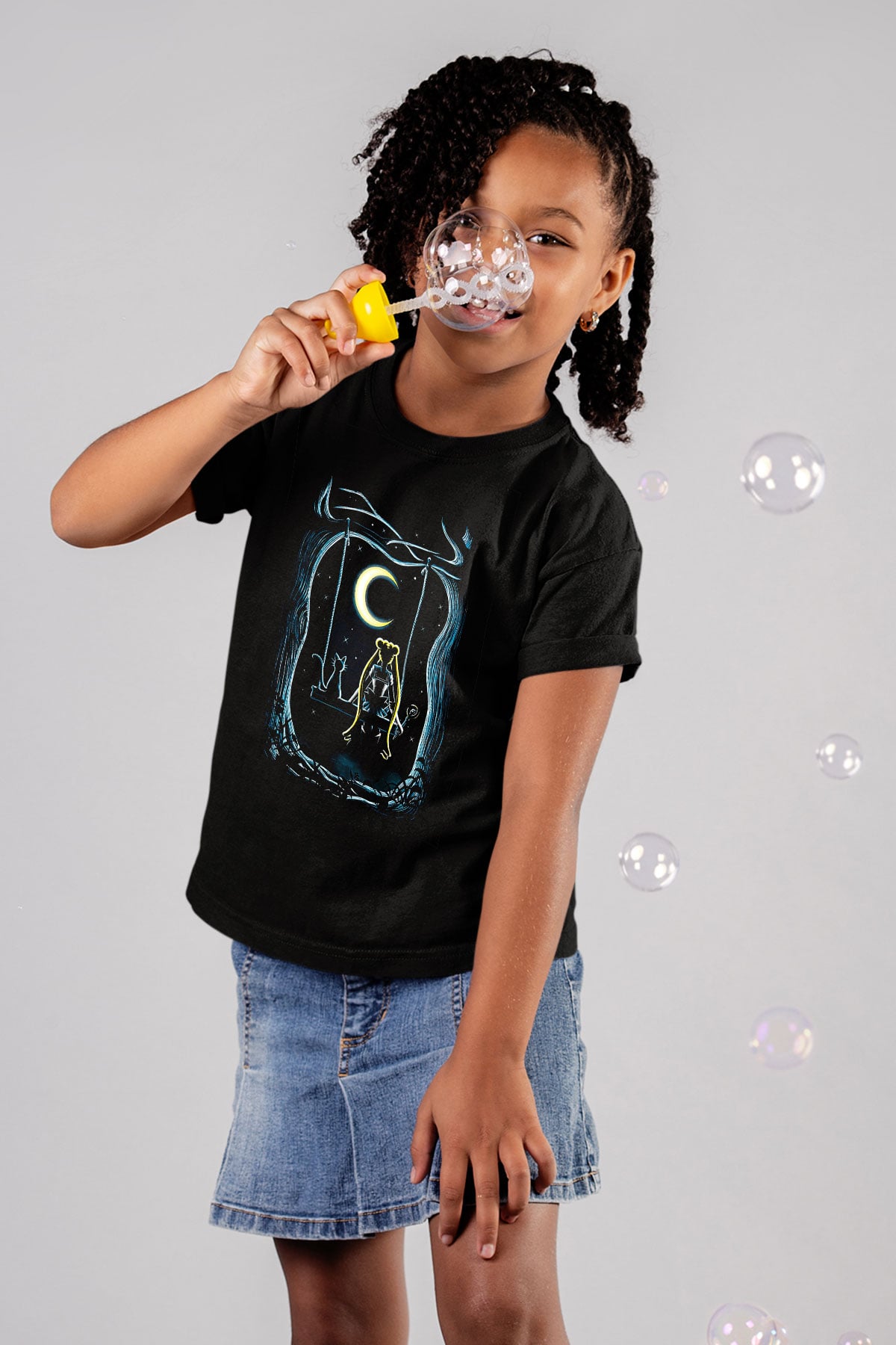 Sailor Moon Baskılı Unisex Siyah Çocuk Tişört - Tshirt
