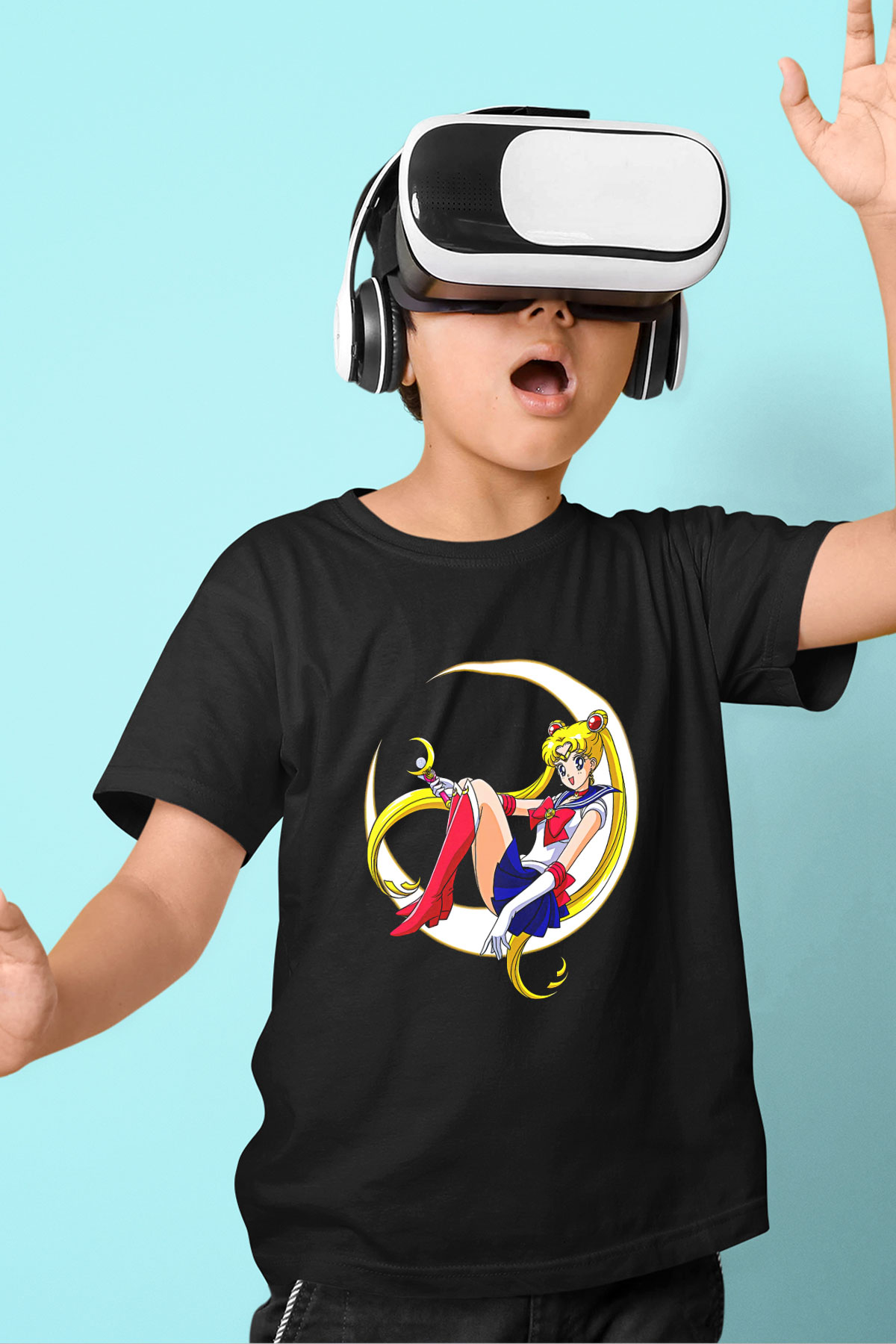 Sailor Moon Baskılı Unisex Siyah Çocuk Tişört - Tshirt