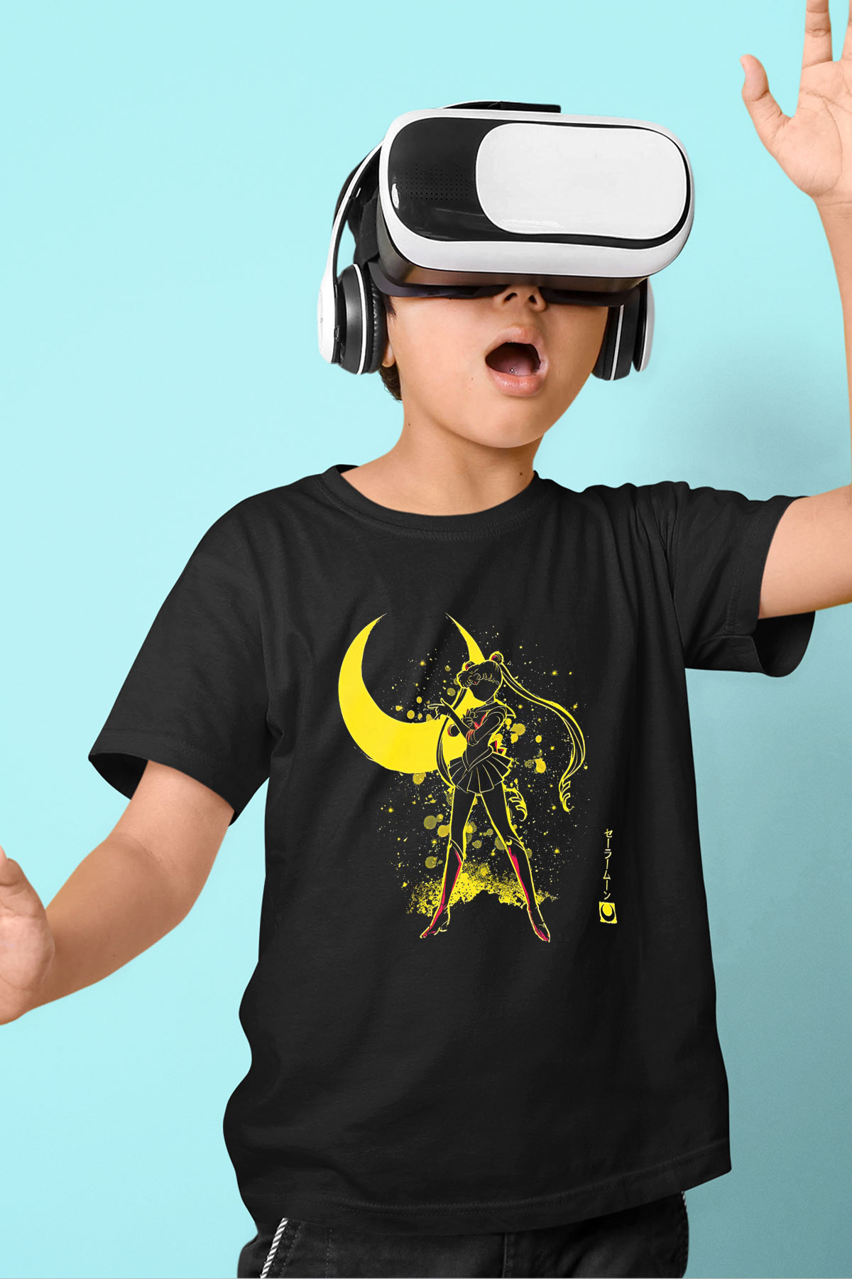 Sailor Moon Baskılı Unisex Siyah Çocuk Tişört - Tshirt