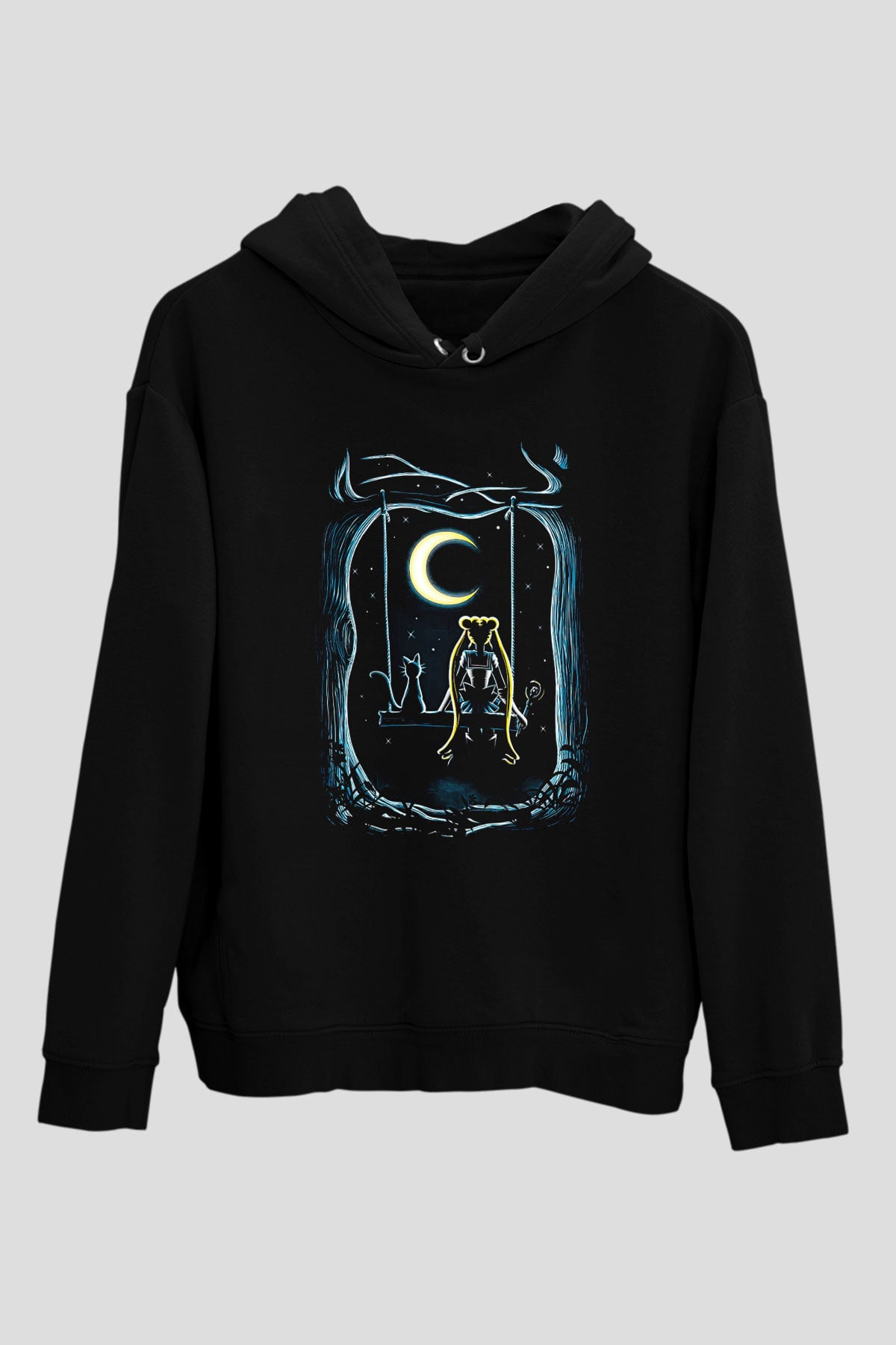 Sailor Moon Baskılı Unisex Siyah Hoodie