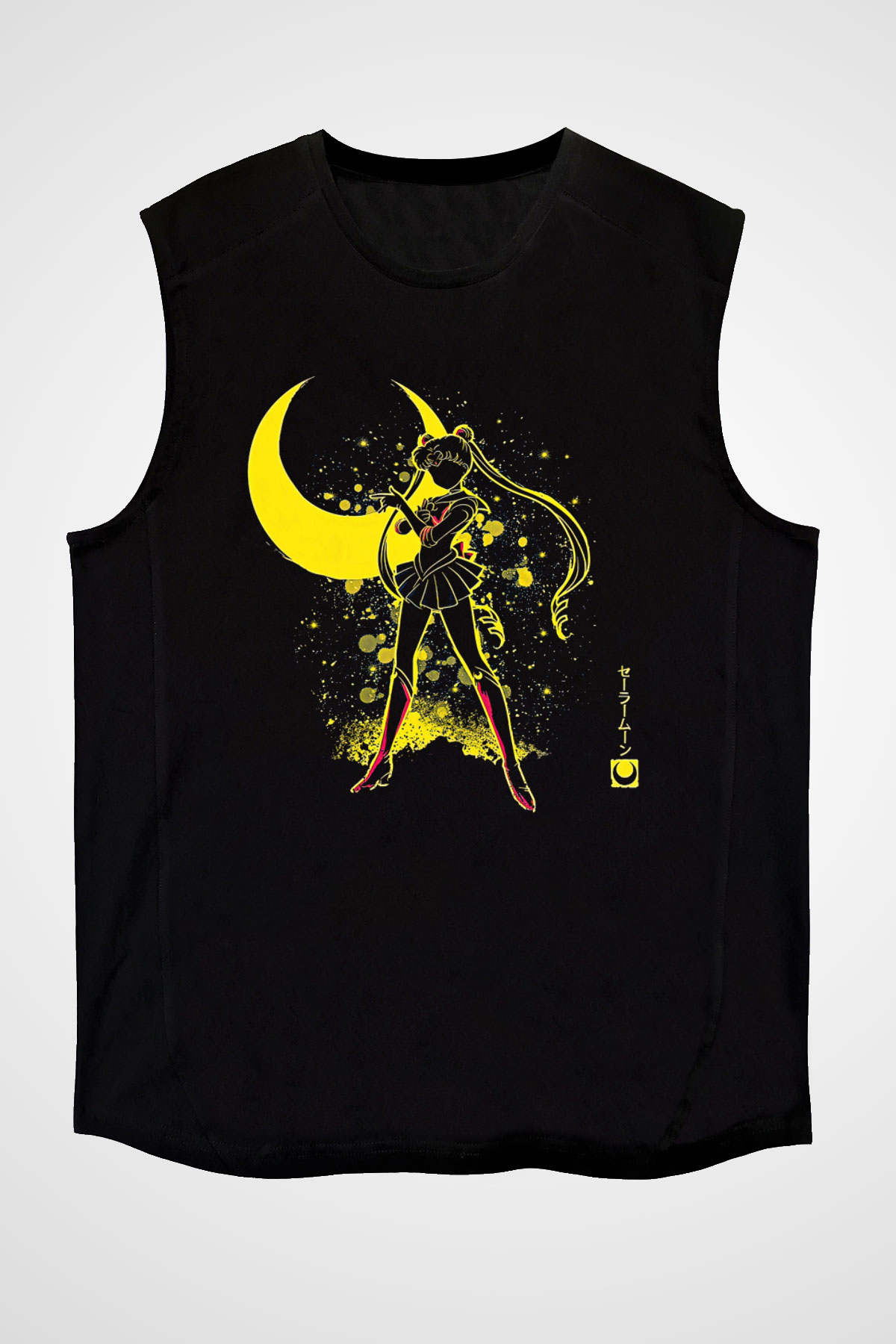 Sailor Moon Baskılı Unisex Siyah Kolsuz Tişört - Tshirt