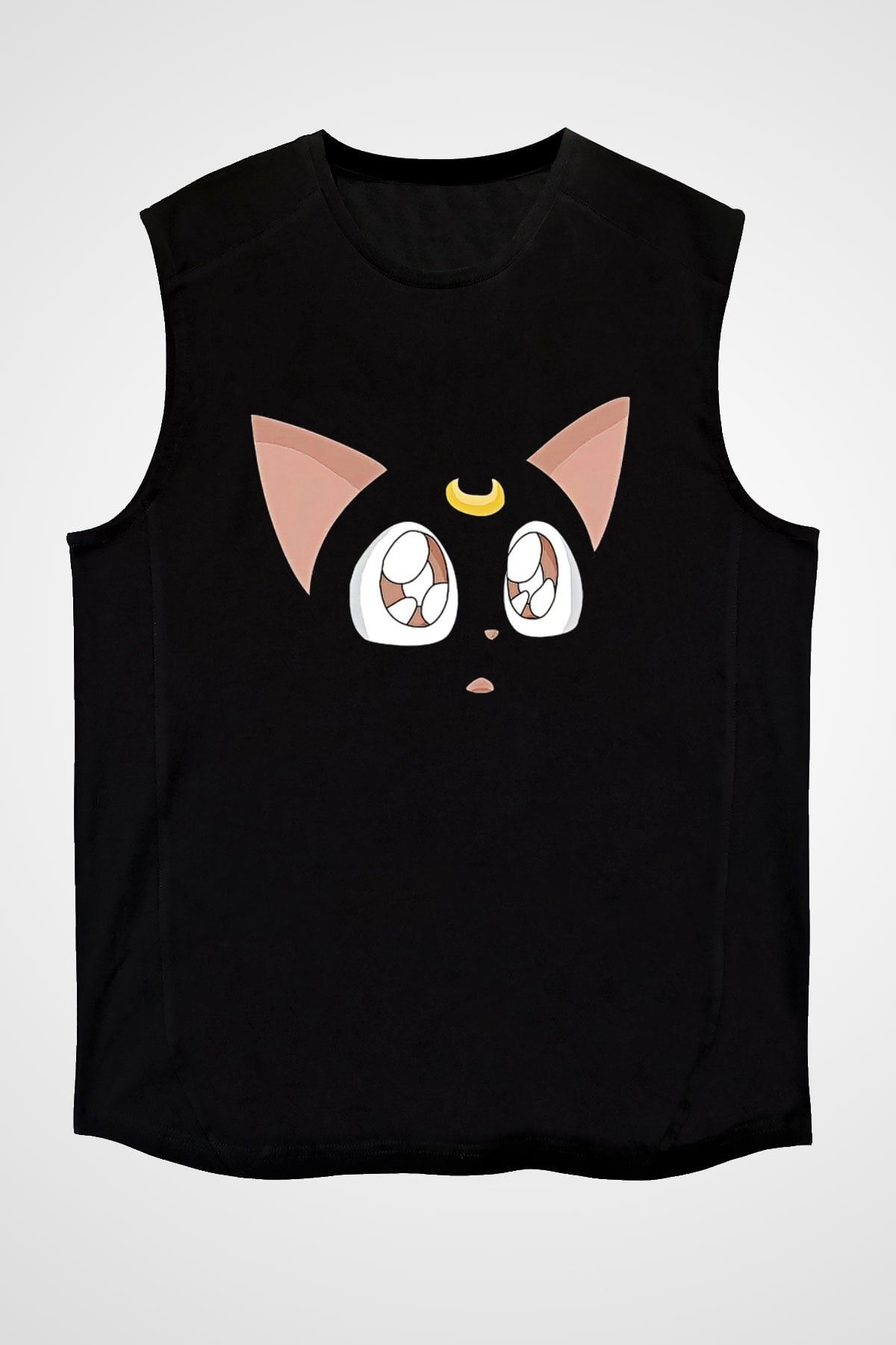 Sailor Moon Baskılı Unisex Siyah Kolsuz Tişört - Tshirt