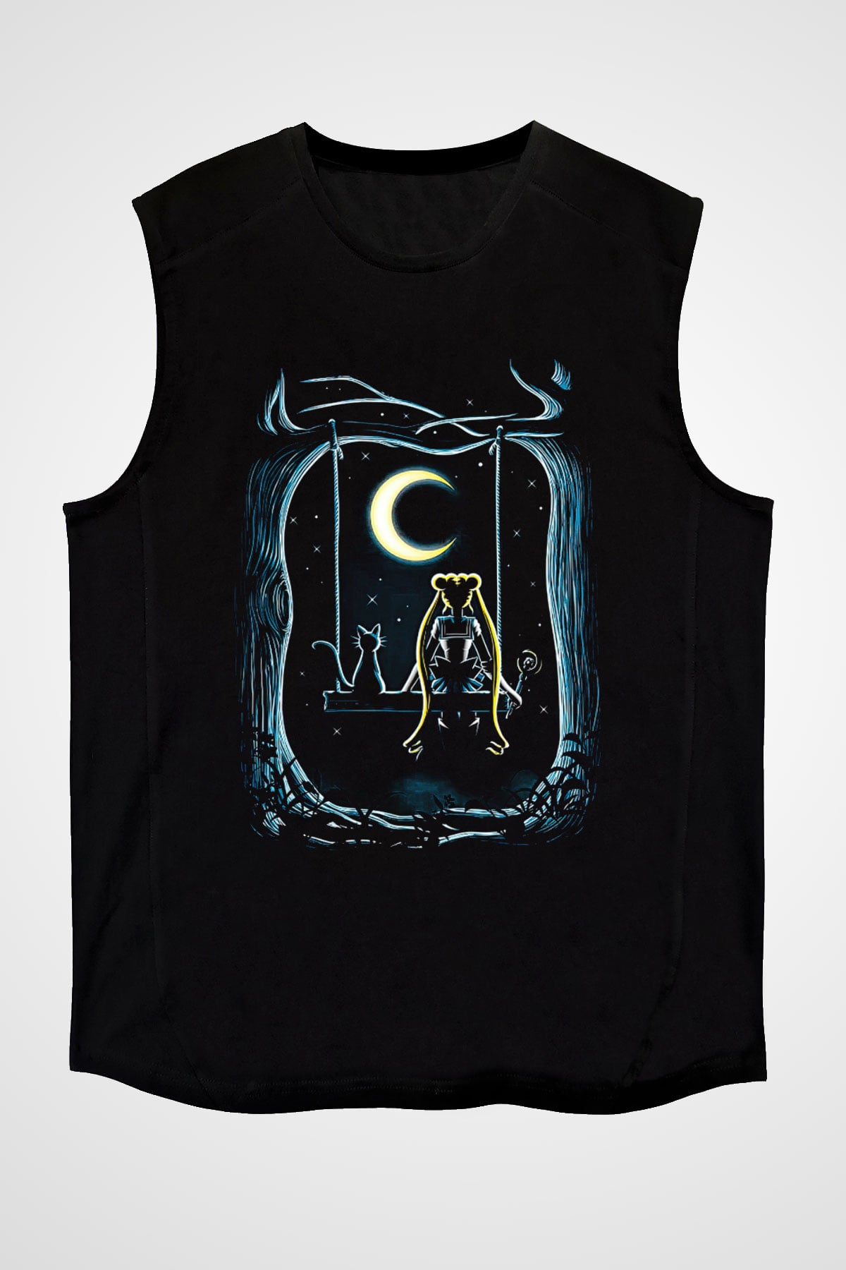 Sailor Moon Baskılı Unisex Siyah Kolsuz Tişört - Tshirt