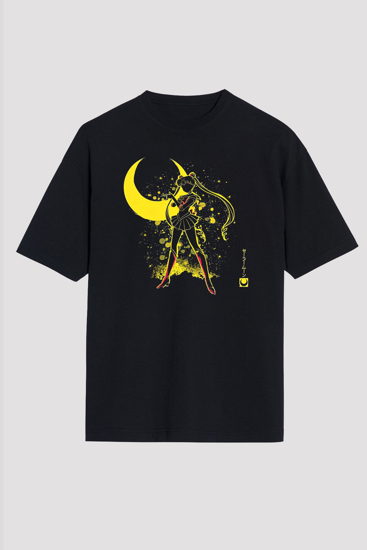Sailor Moon Baskılı Unisex Siyah Oversize Tişört - Tshirt