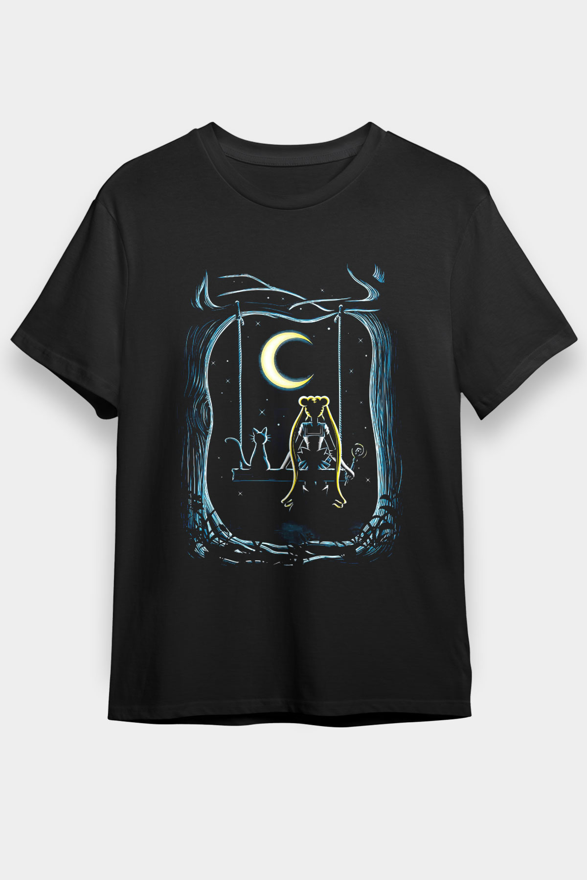 Sailor Moon Baskılı Unisex Siyah Tişört - Tshirt