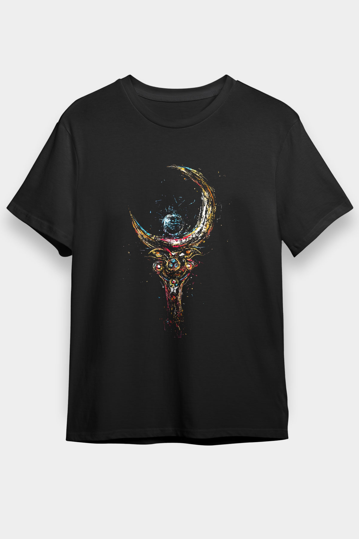Sailor Moon Baskılı Unisex Siyah Tişört - Tshirt