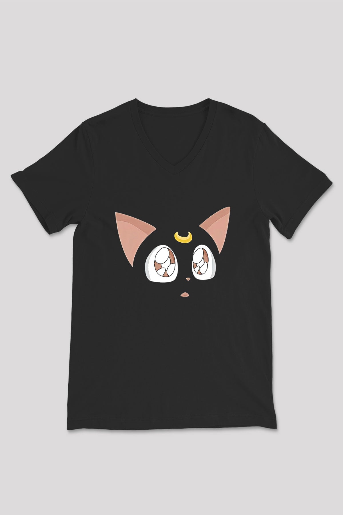 Sailor Moon Baskılı Unisex Siyah V Yaka Tişört - Tshirt