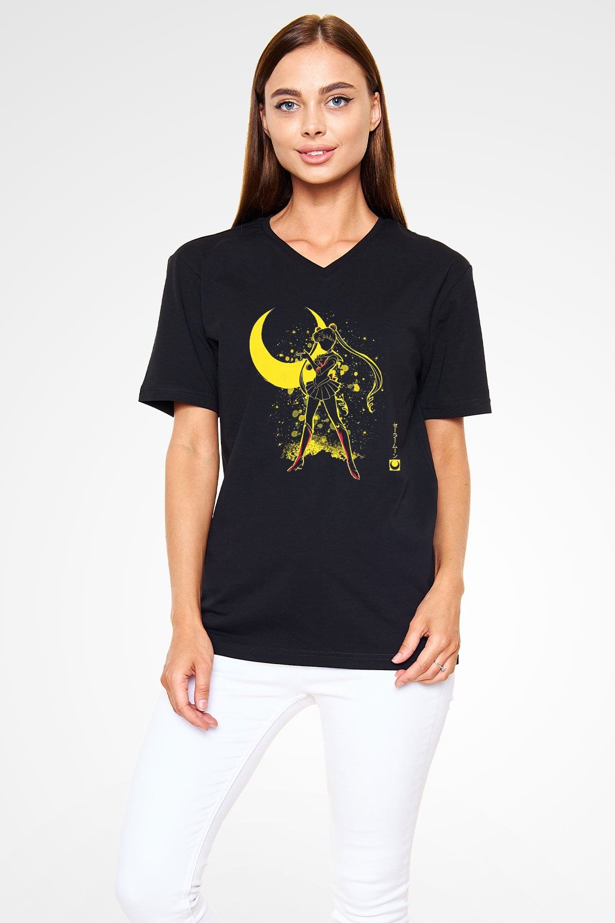 Sailor Moon Baskılı Unisex Siyah V Yaka Tişört - Tshirt