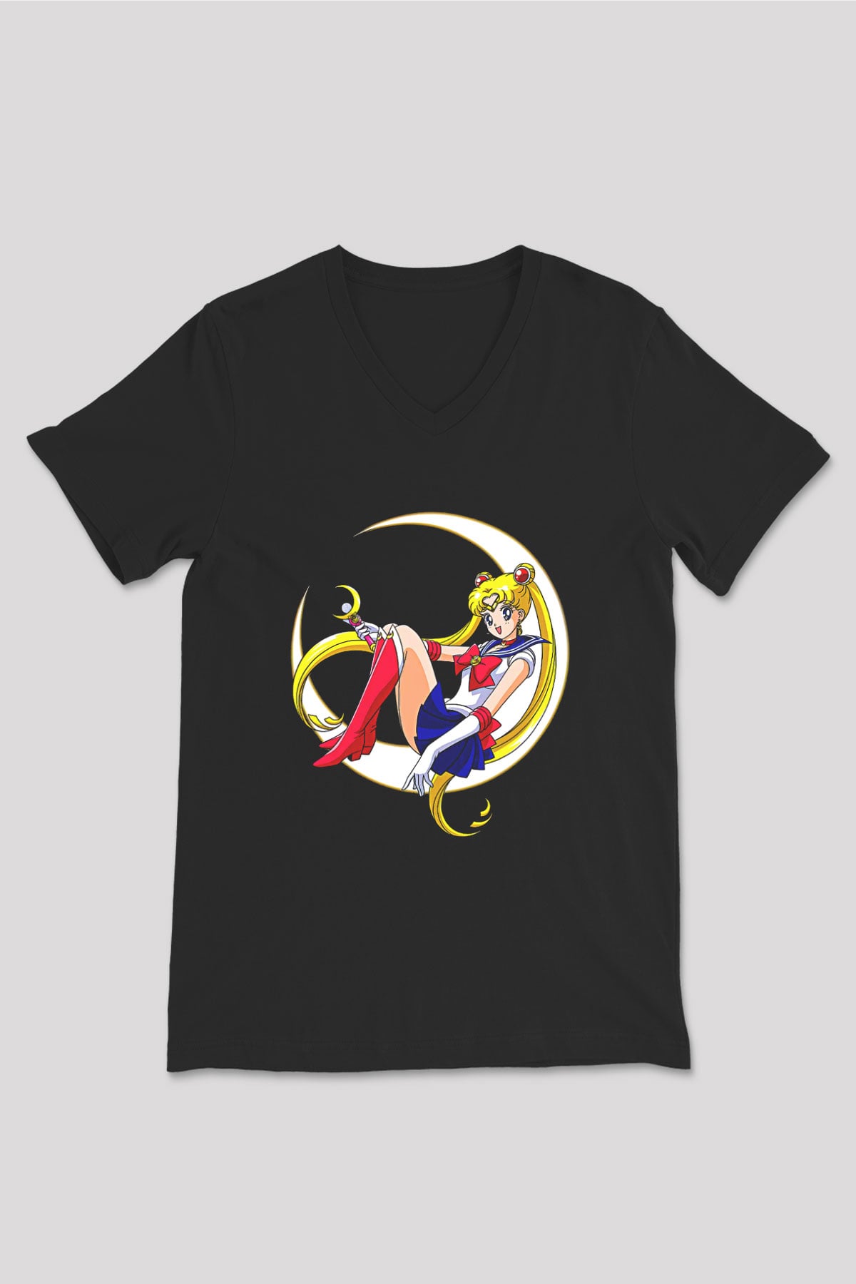 Sailor Moon Baskılı Unisex Siyah V Yaka Tişört - Tshirt