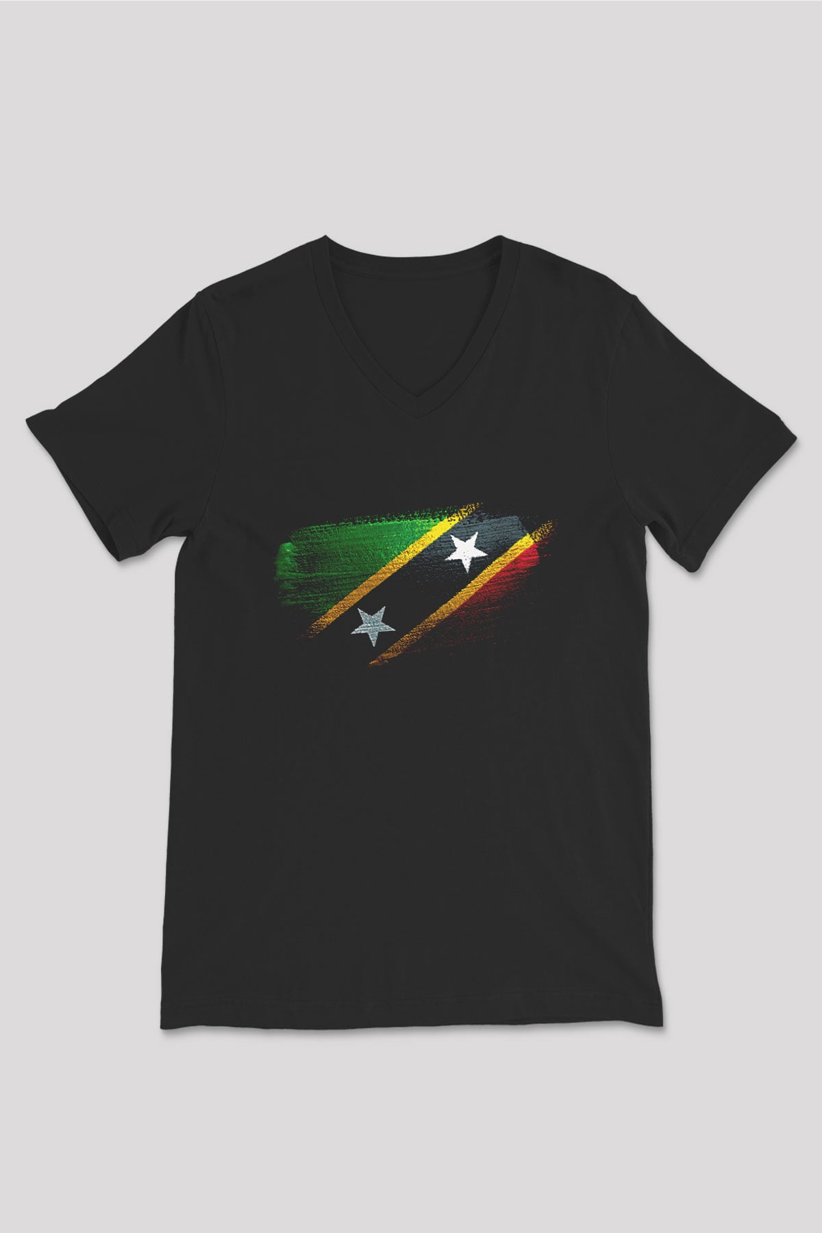 Saint Kitts ve Nevis Bayrağı Baskılı Unisex Siyah V Yaka Tişört