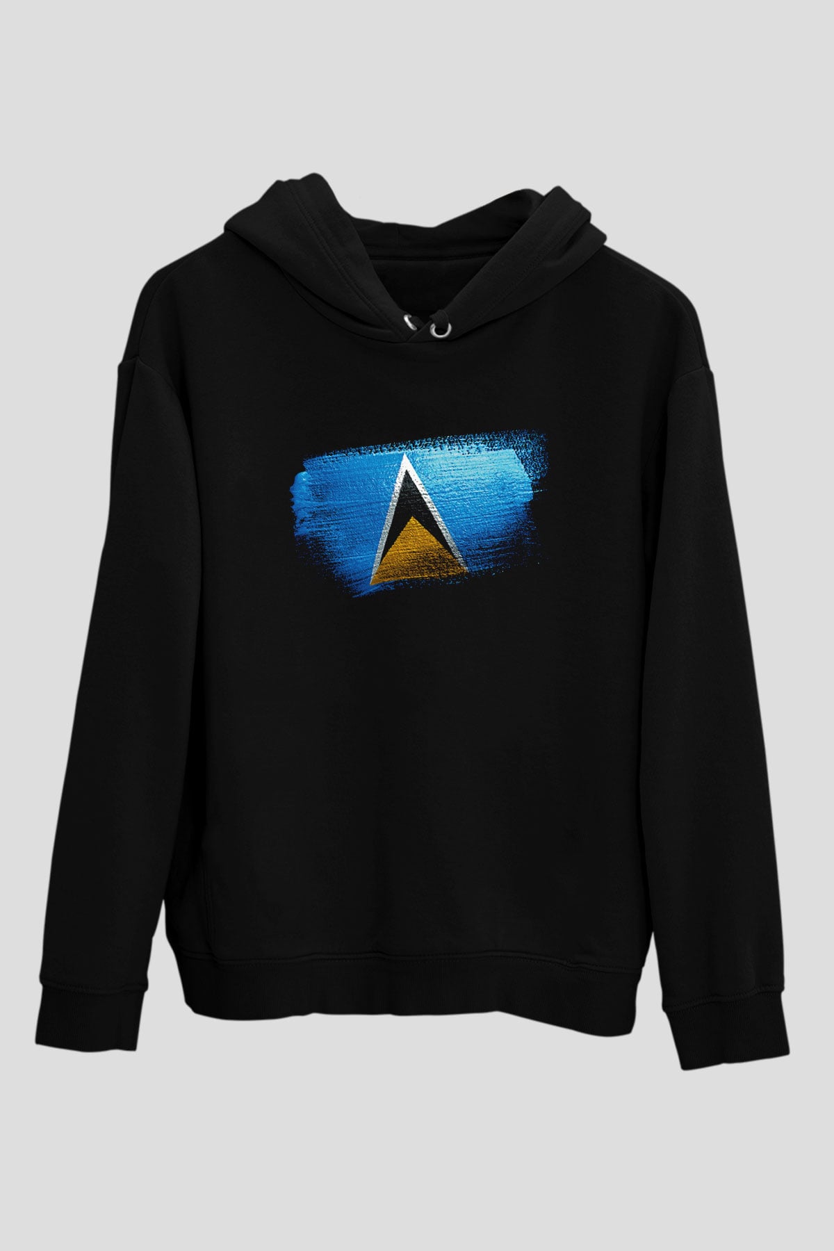 Saint Lucia Bayrağı Baskılı Unisex Siyah Kapüşonlu Sweatshirt