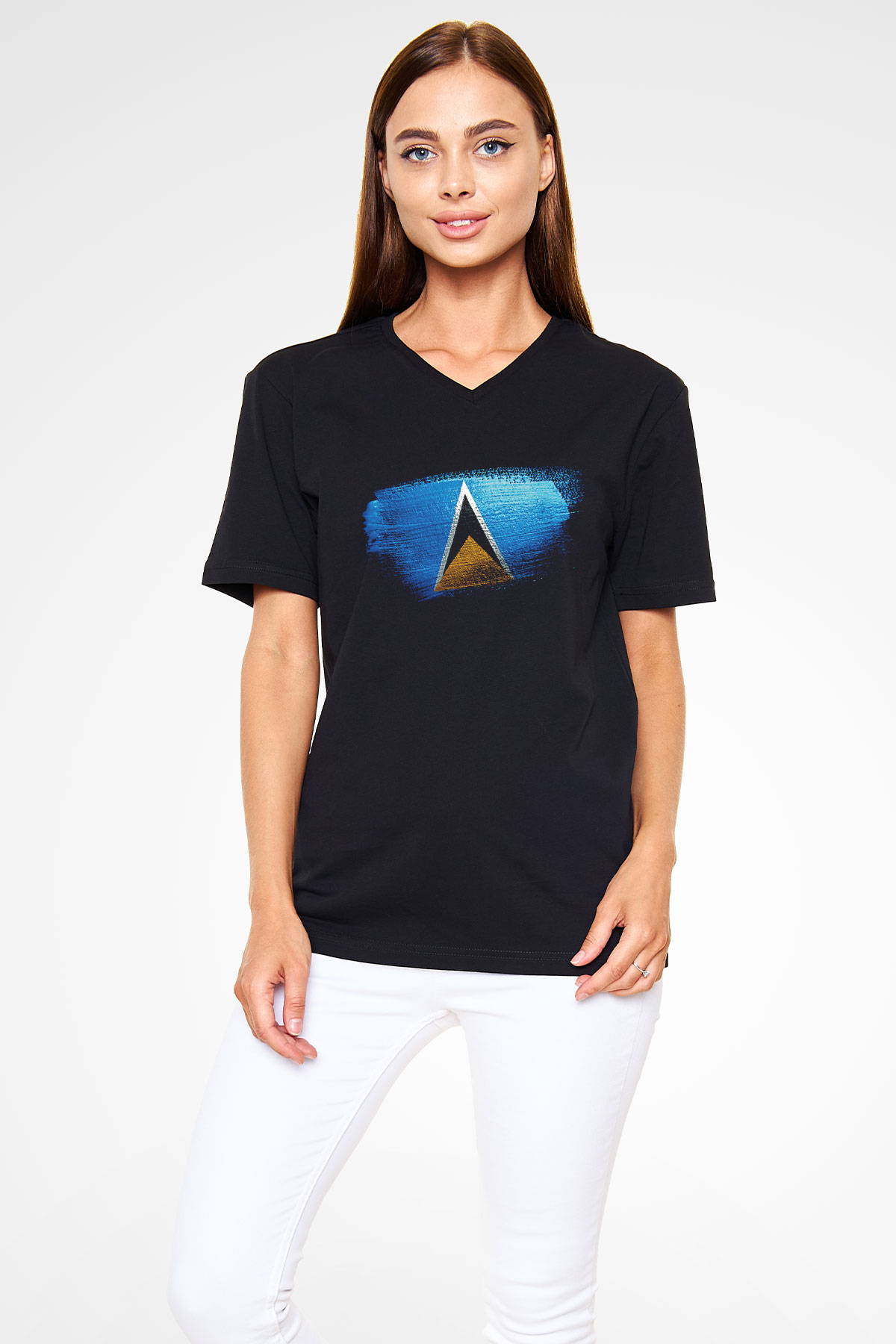 Saint Lucia Bayrağı Baskılı Unisex Siyah V Yaka Tişört