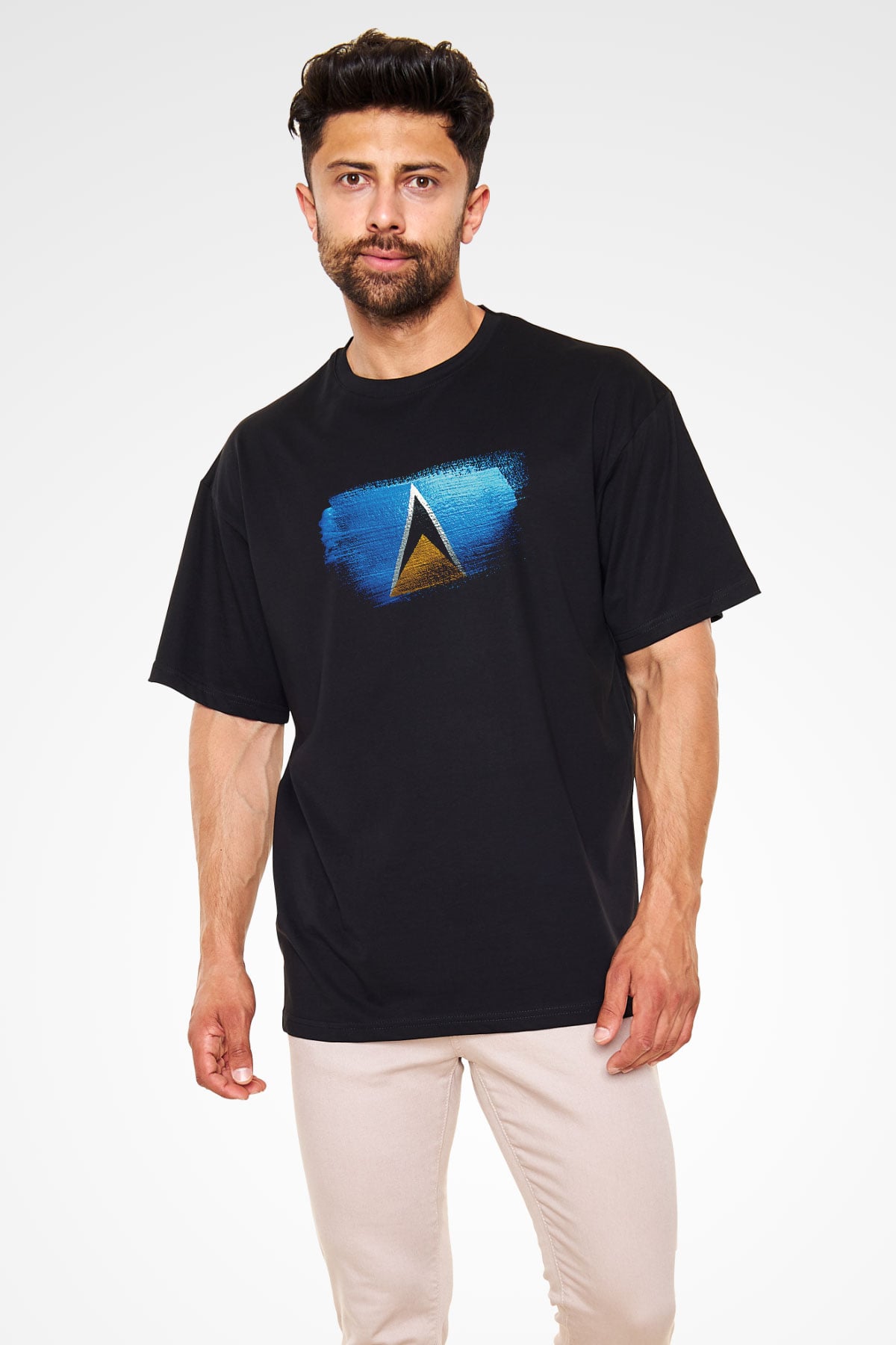 Saint Lucia Bayrağı Baskılı Unisex Siyah Oversize Tişört