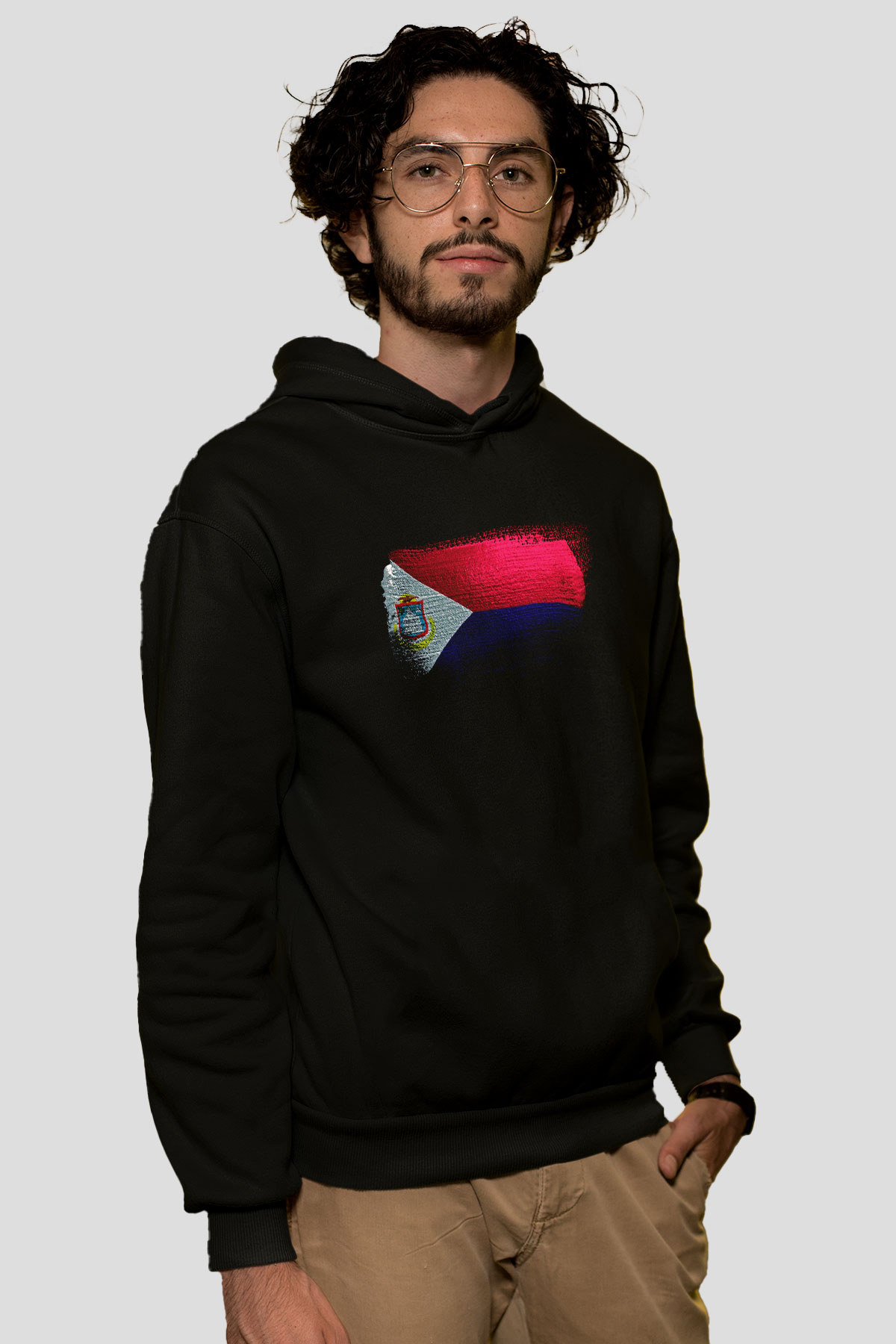 Saint Martin Bayrağı Baskılı Unisex Siyah Kapüşonlu Sweatshirt