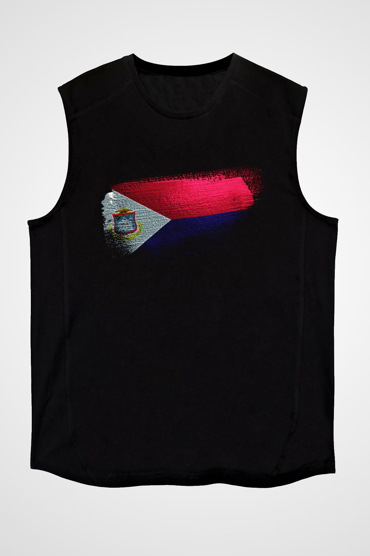 Saint Martin Bayrağı Baskılı Unisex Siyah Kolsuz Tişört