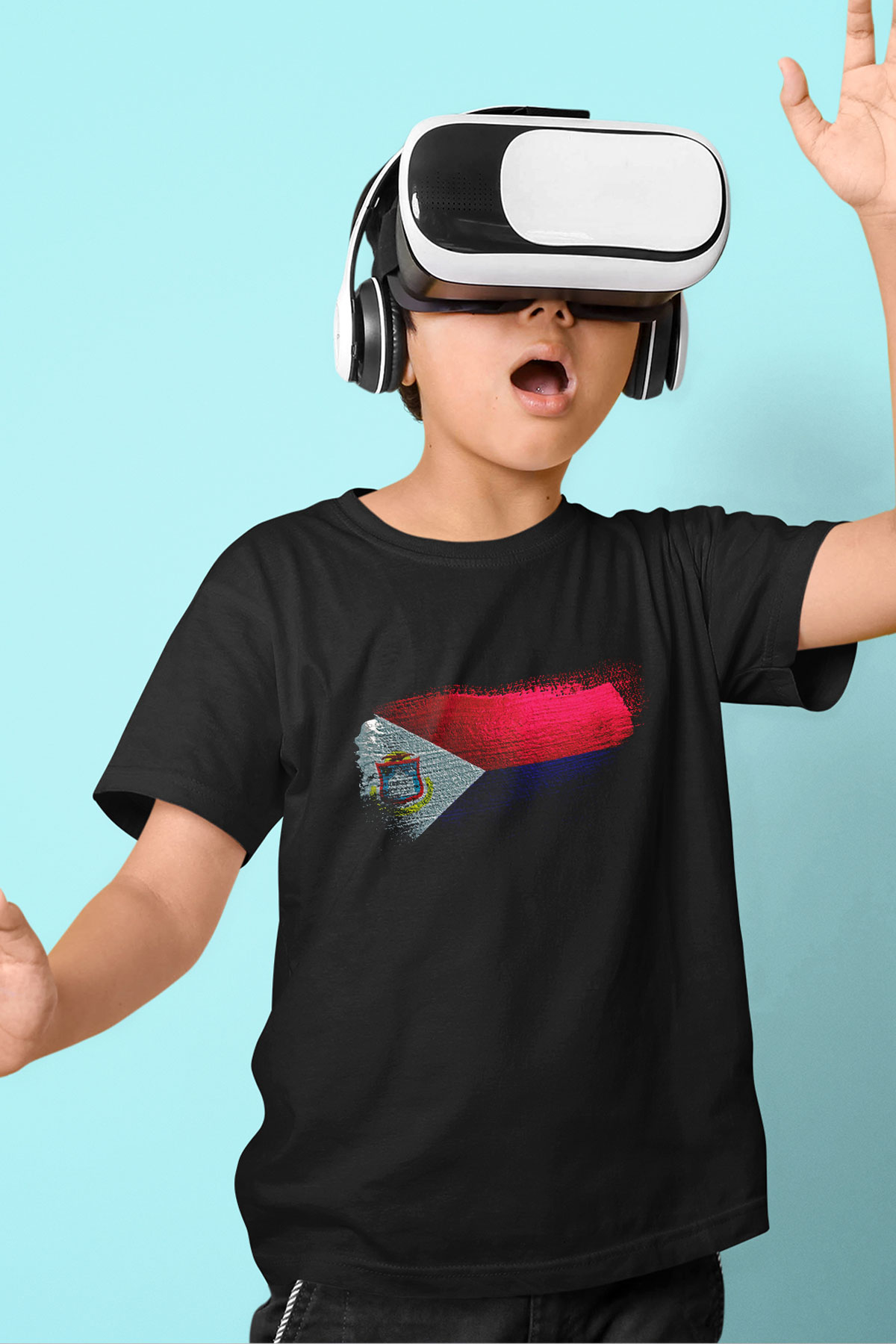 Saint Martin Bayrağı Baskılı Unisex Siyah Çocuk Tişörtü