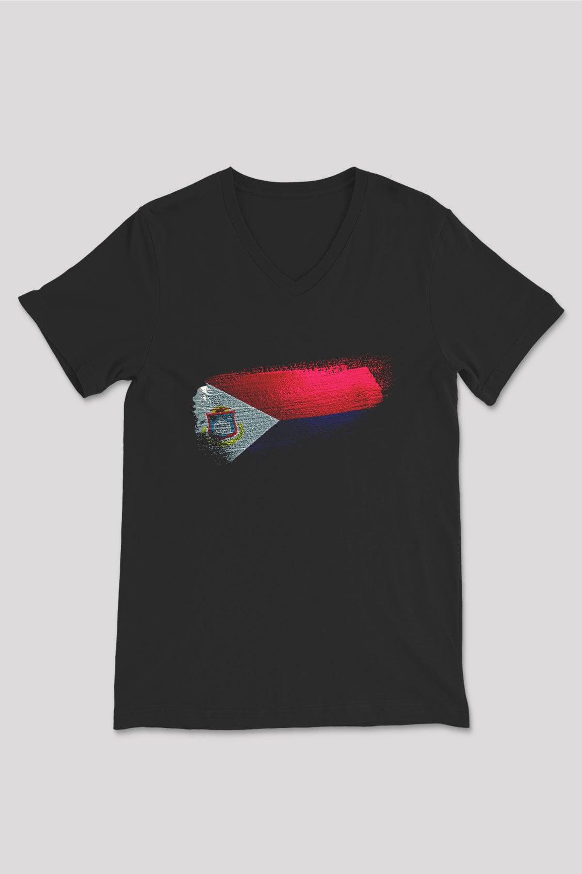 Saint Martin Bayrağı Baskılı Unisex Siyah V Yaka Tişört