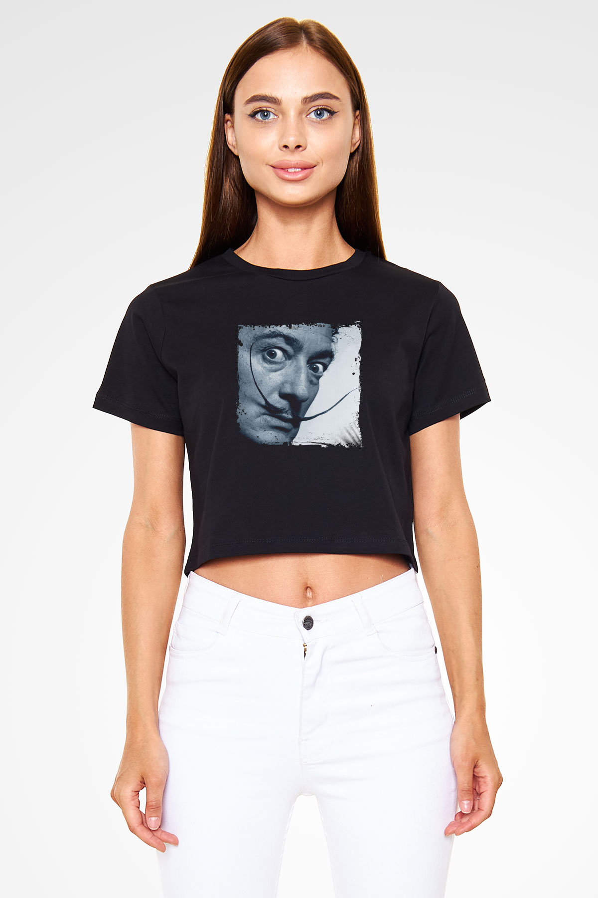 Salvador Dali Baskılı Siyah Kadın Crop Top Tişört