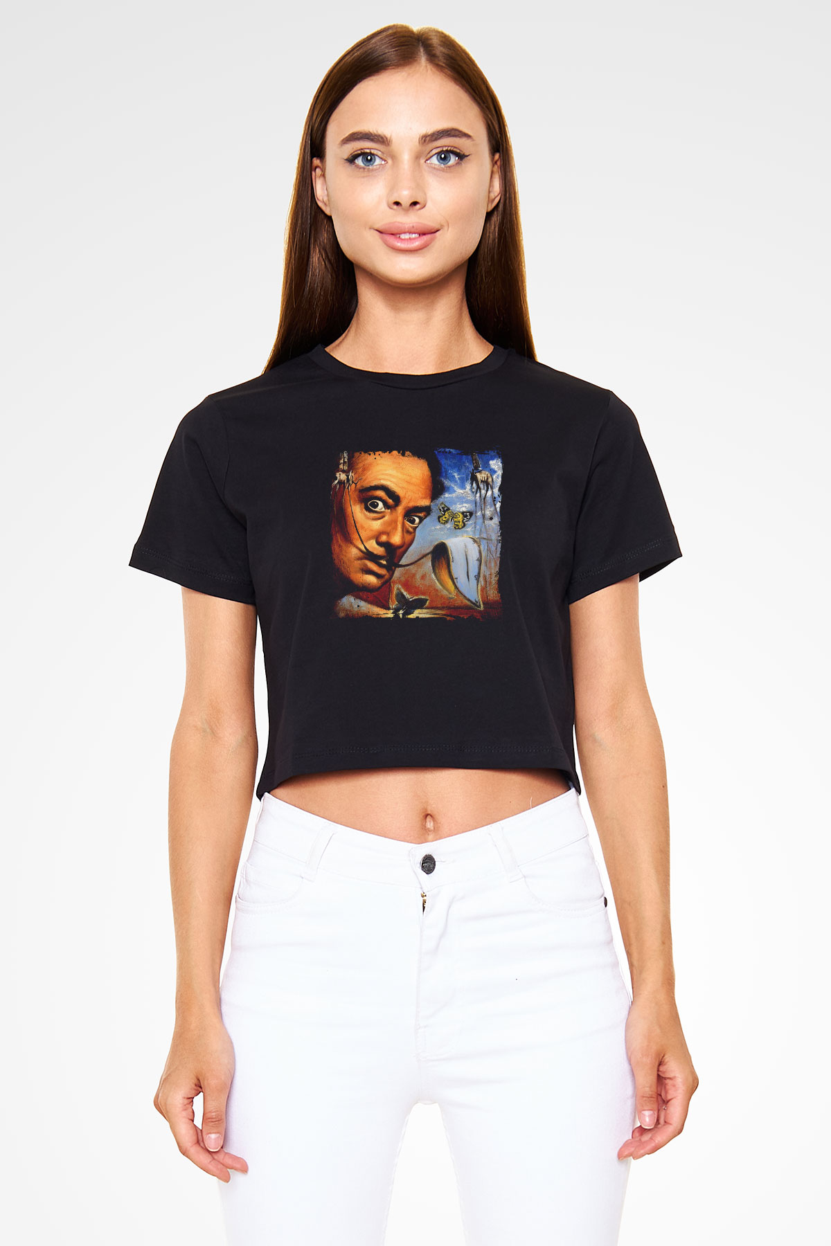 Salvador Dali Baskılı Siyah Kadın Crop Top Tişört