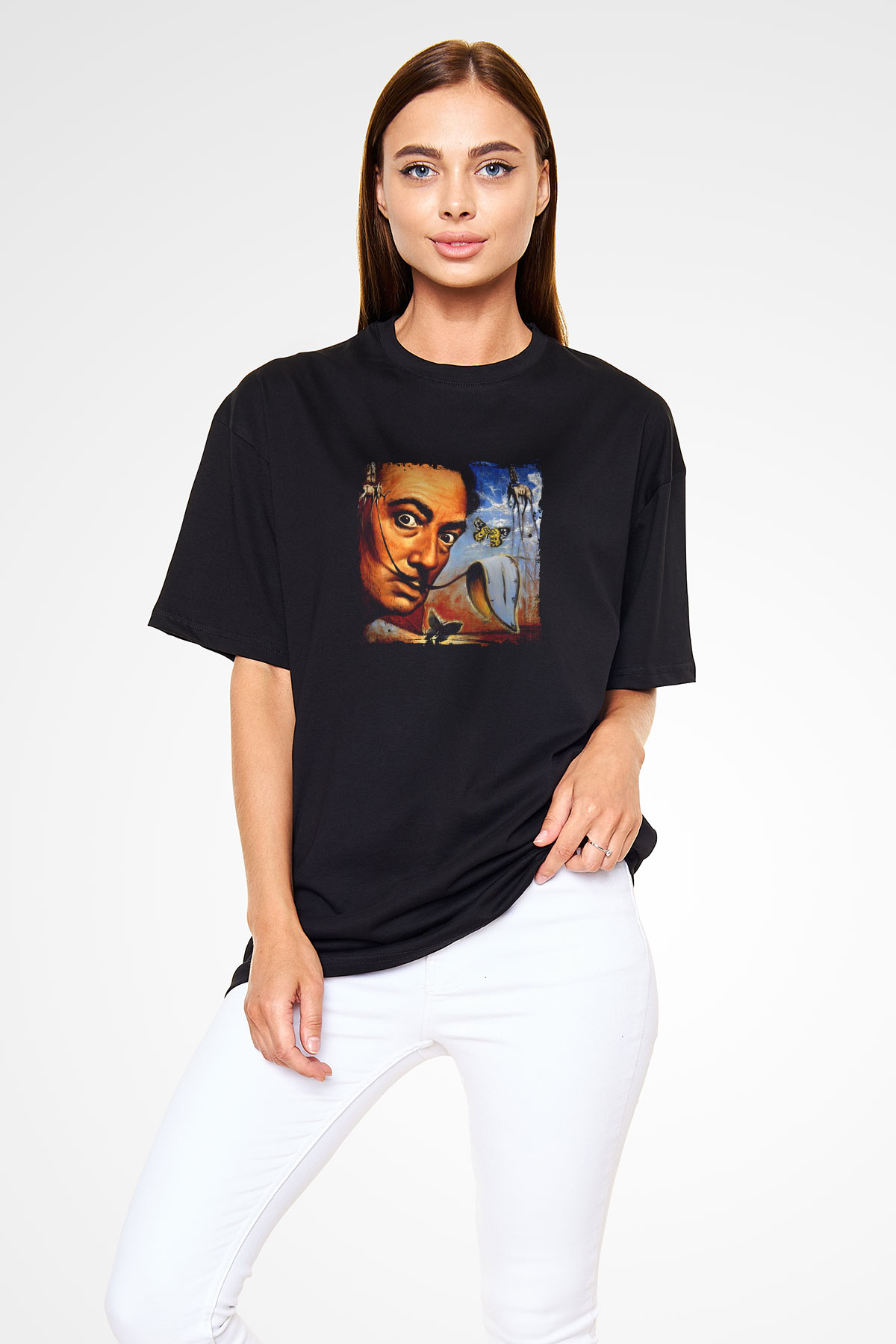 Salvador Dali Baskılı Unisex Siyah Oversize Tişört