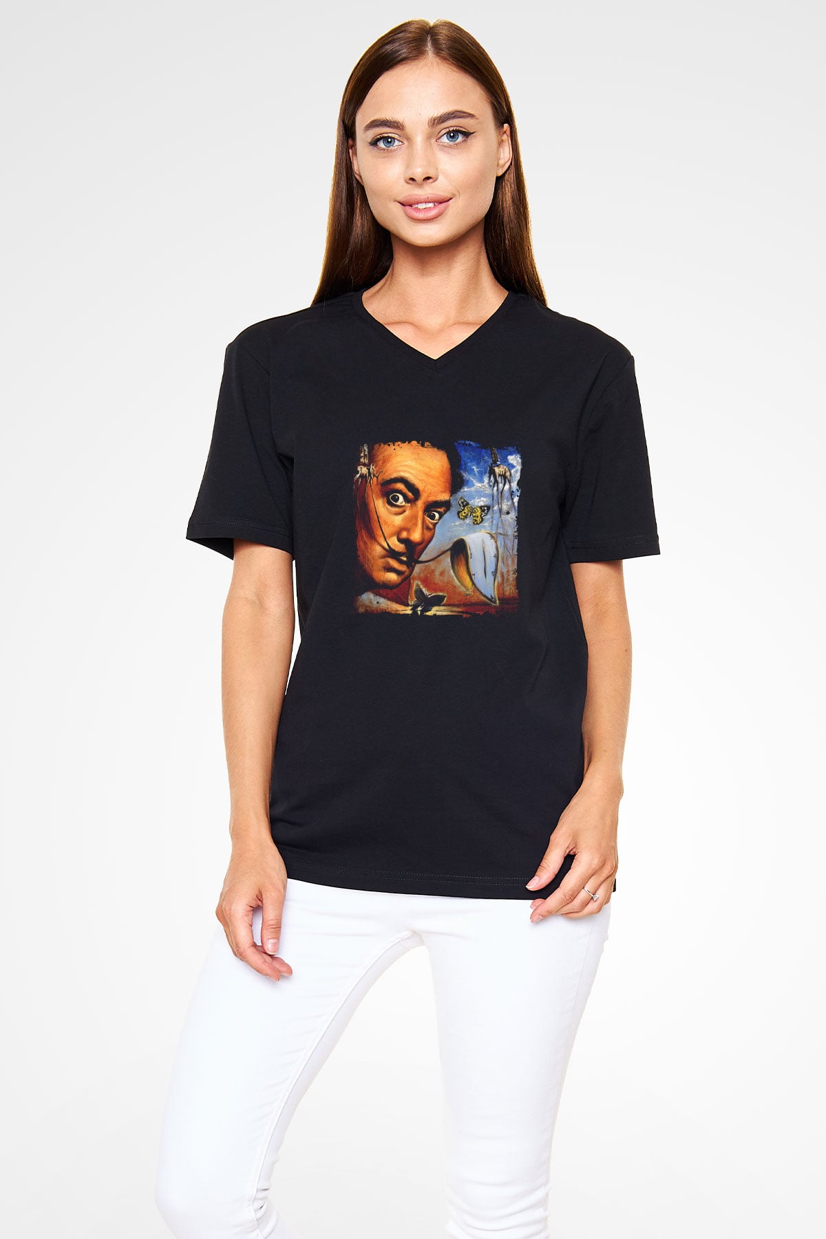Salvador Dali Baskılı Unisex Siyah V Yaka Tişört
