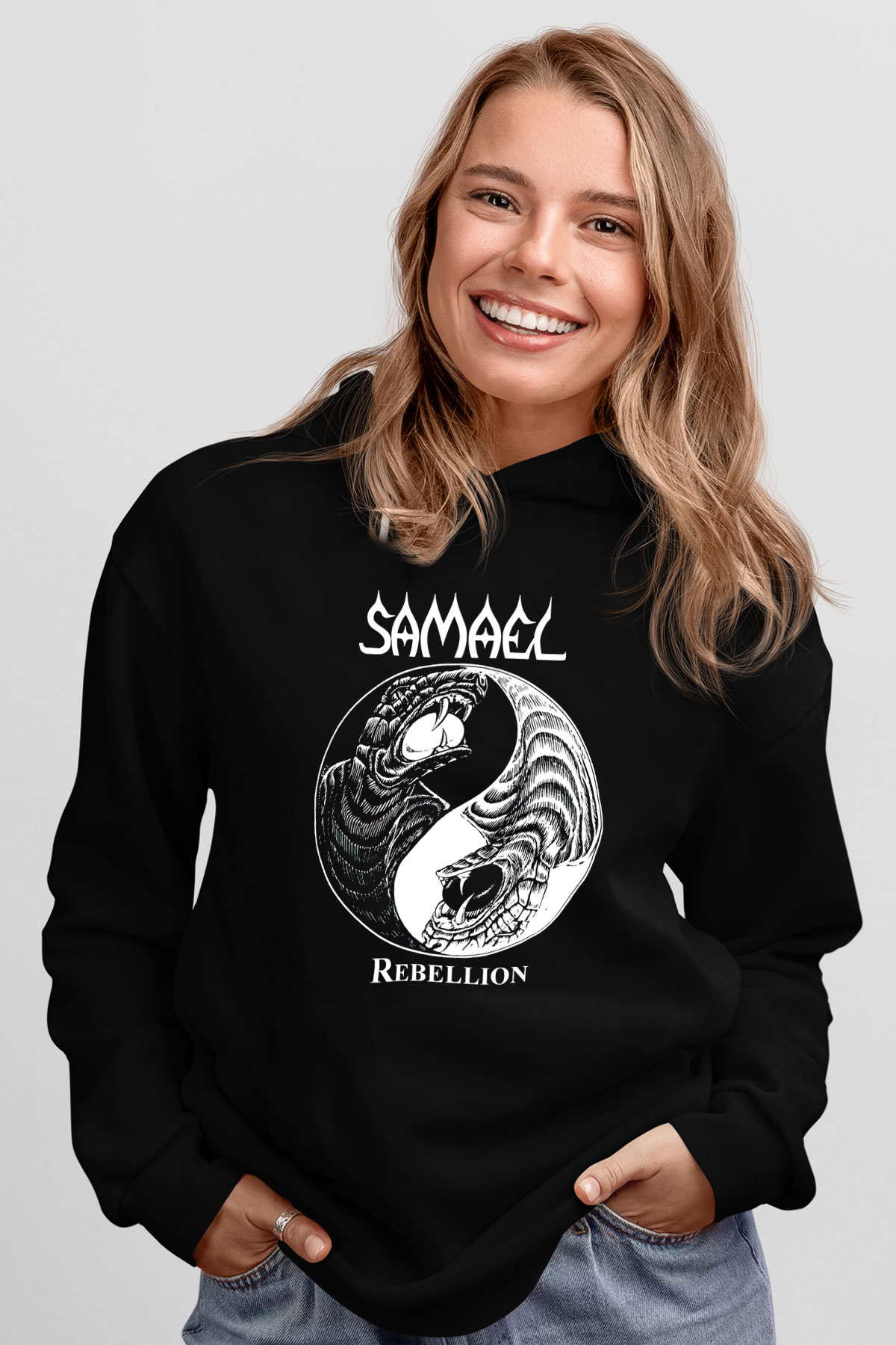 Samael Baskılı Unisex Siyah Kapüşonlu Sweatshirt