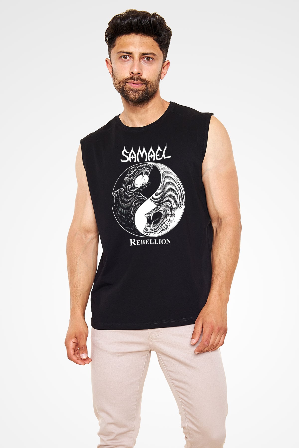 Samael Baskılı Unisex Siyah Kolsuz Tişört - Tshirt