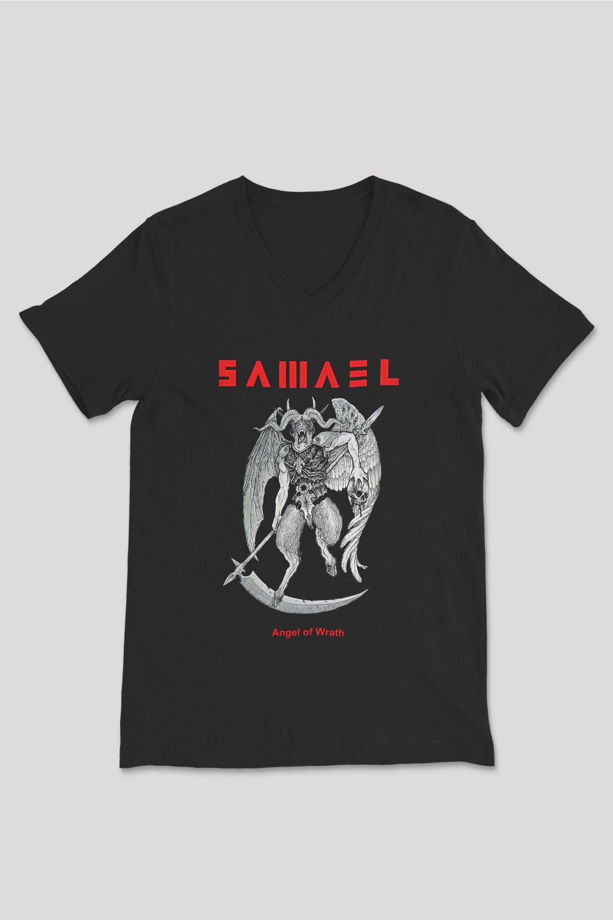 Samael Baskılı Unisex Siyah V Yaka Tişört - Tshirt