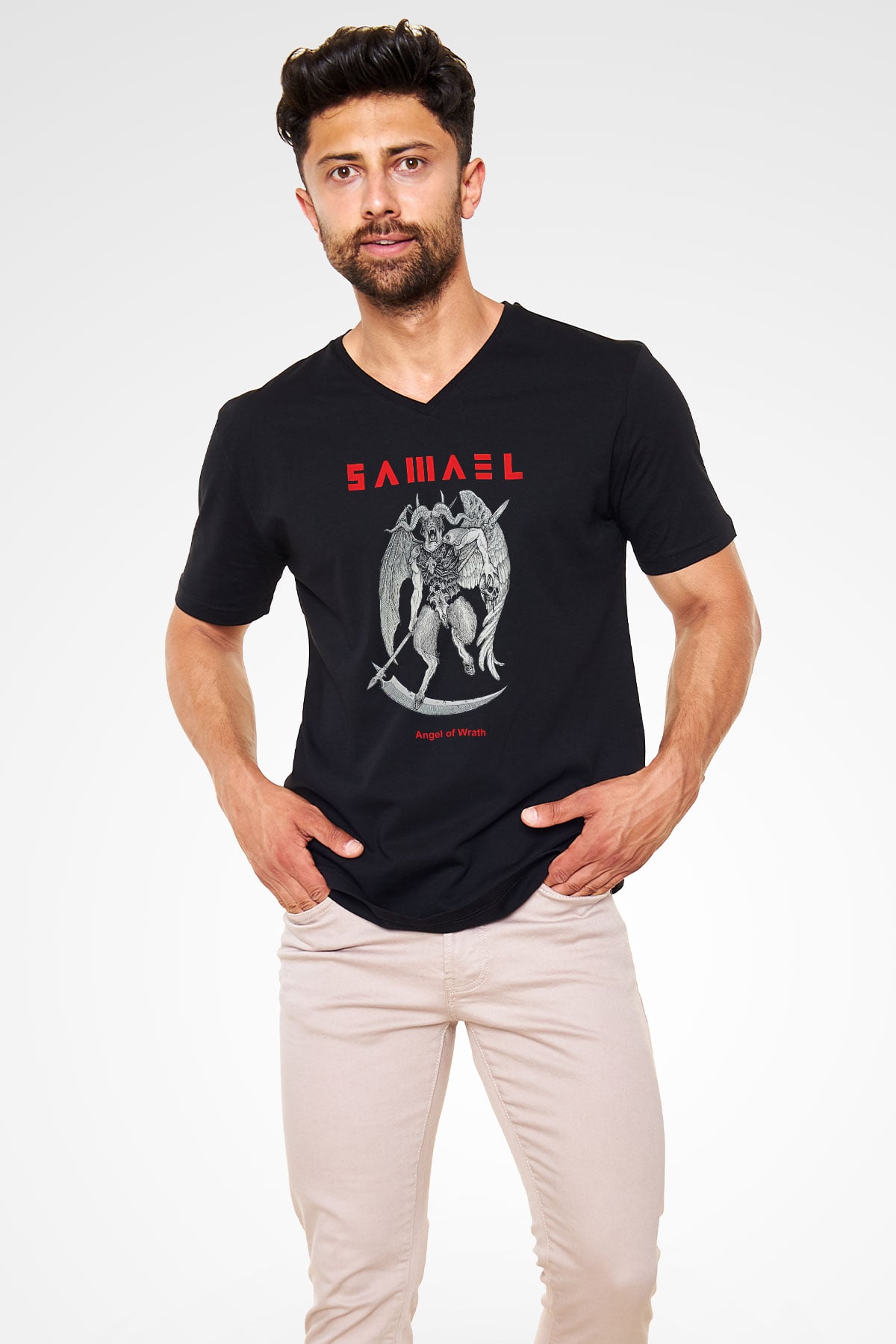Samael Baskılı Unisex Siyah V Yaka Tişört - Tshirt