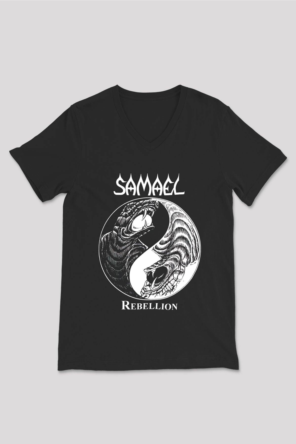 Samael Baskılı Unisex Siyah V Yaka Tişört - Tshirt