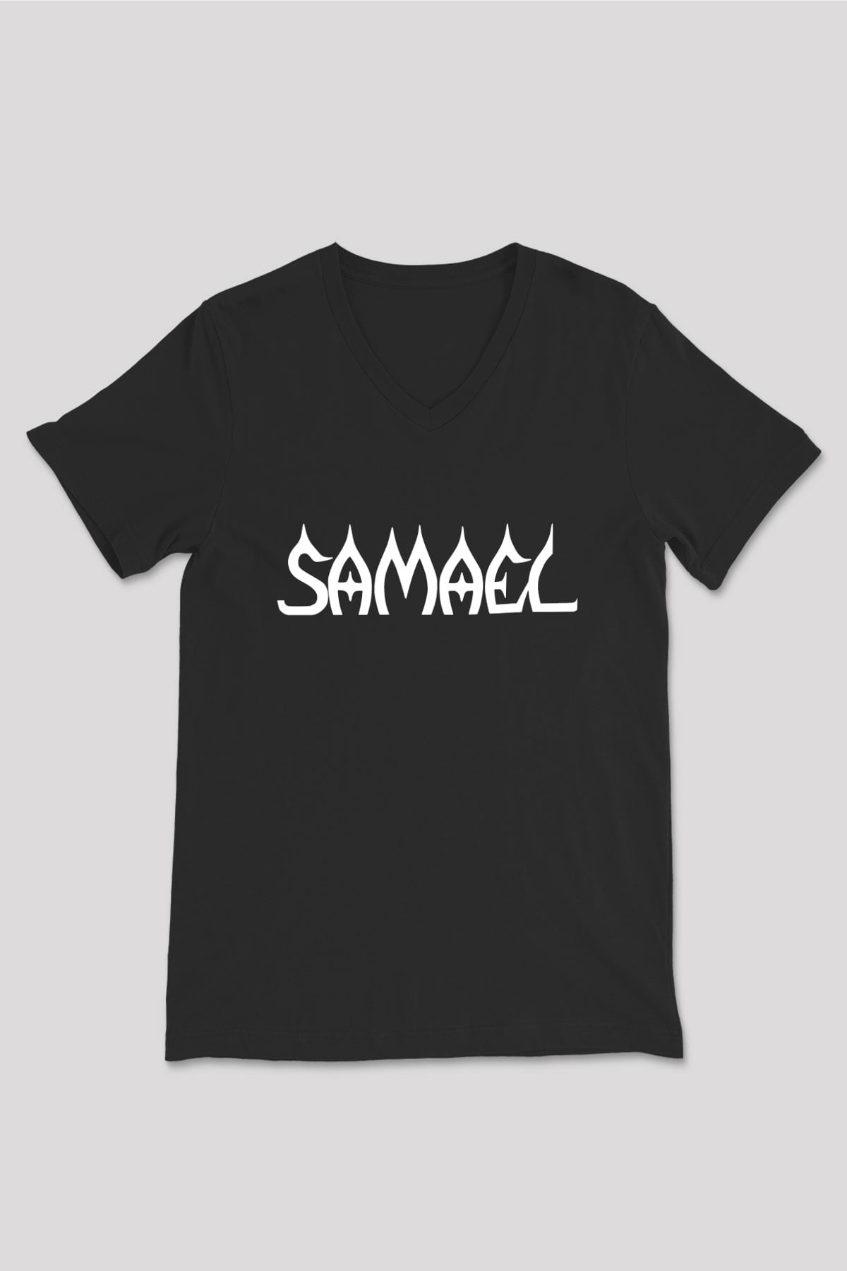 Samael Baskılı Unisex Siyah V Yaka Tişört - Tshirt
