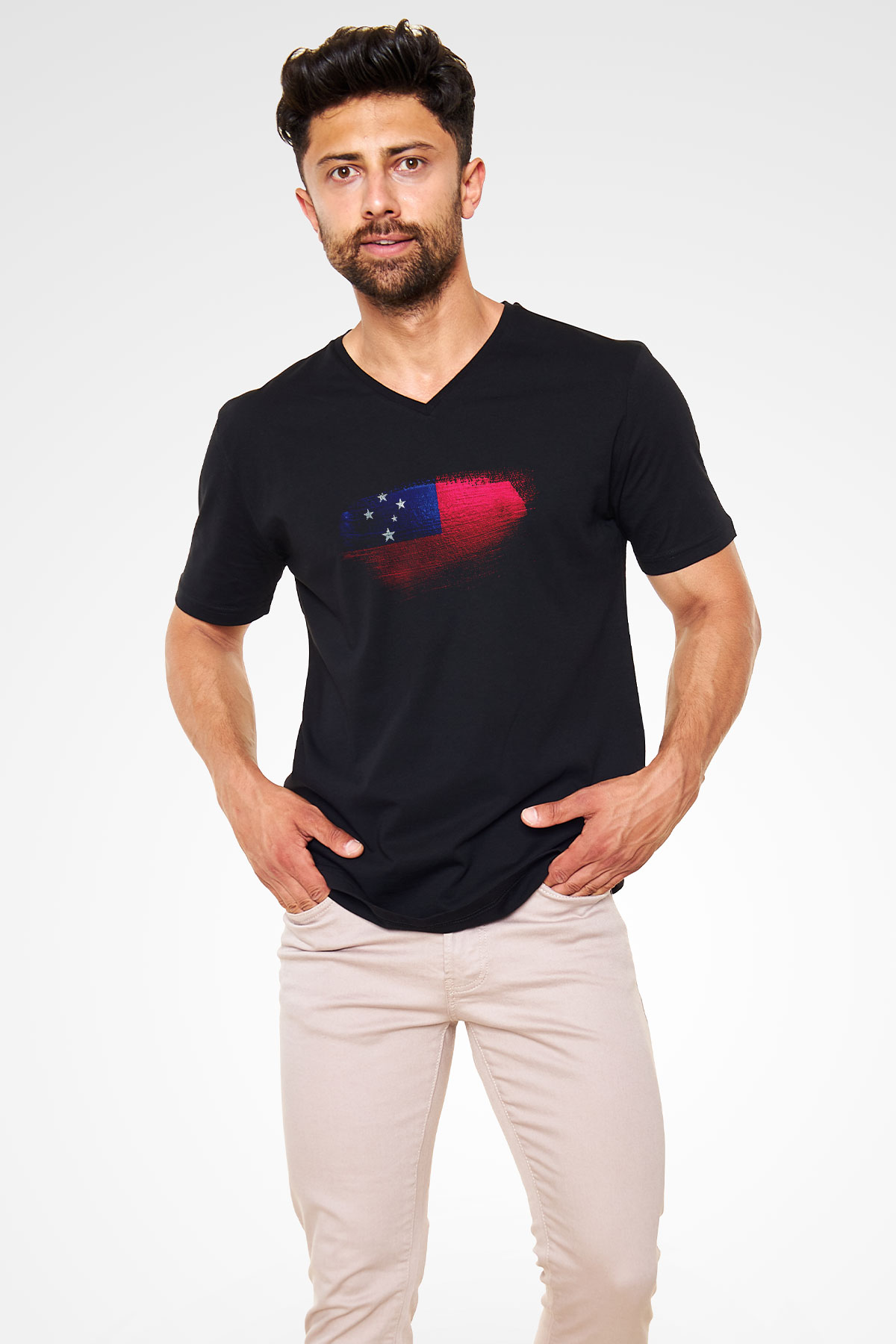 Samoa Bayrağı Baskılı Unisex Siyah V Yaka Tişört
