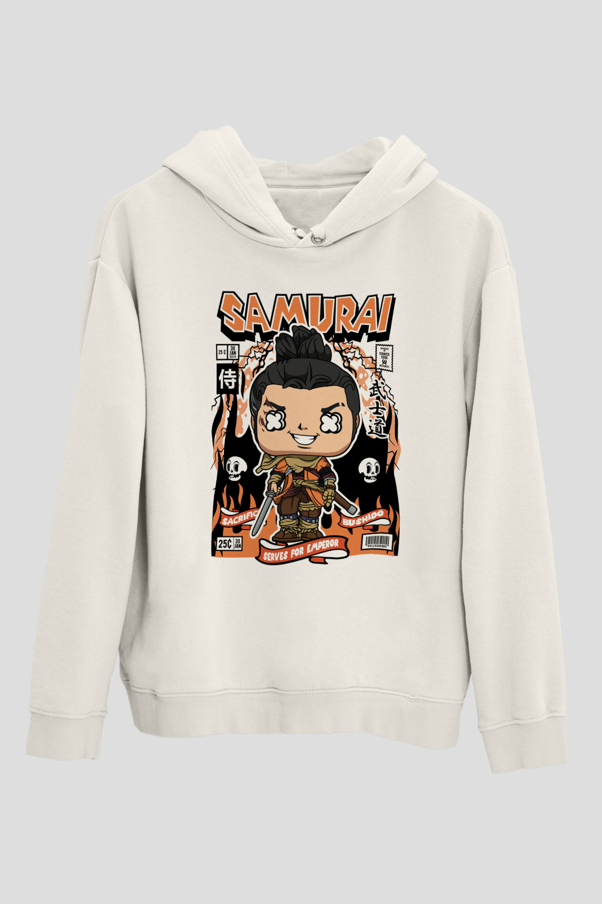 Samurai Baskılı Unisex Beyaz Hoodie