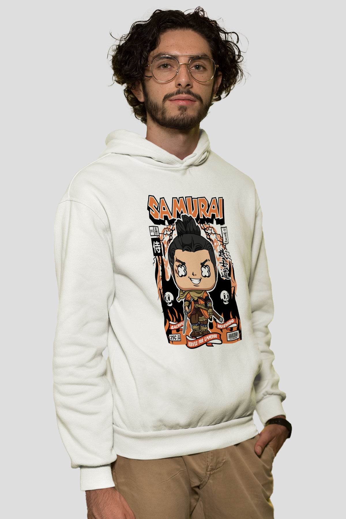 Samurai Baskılı Unisex Beyaz Hoodie
