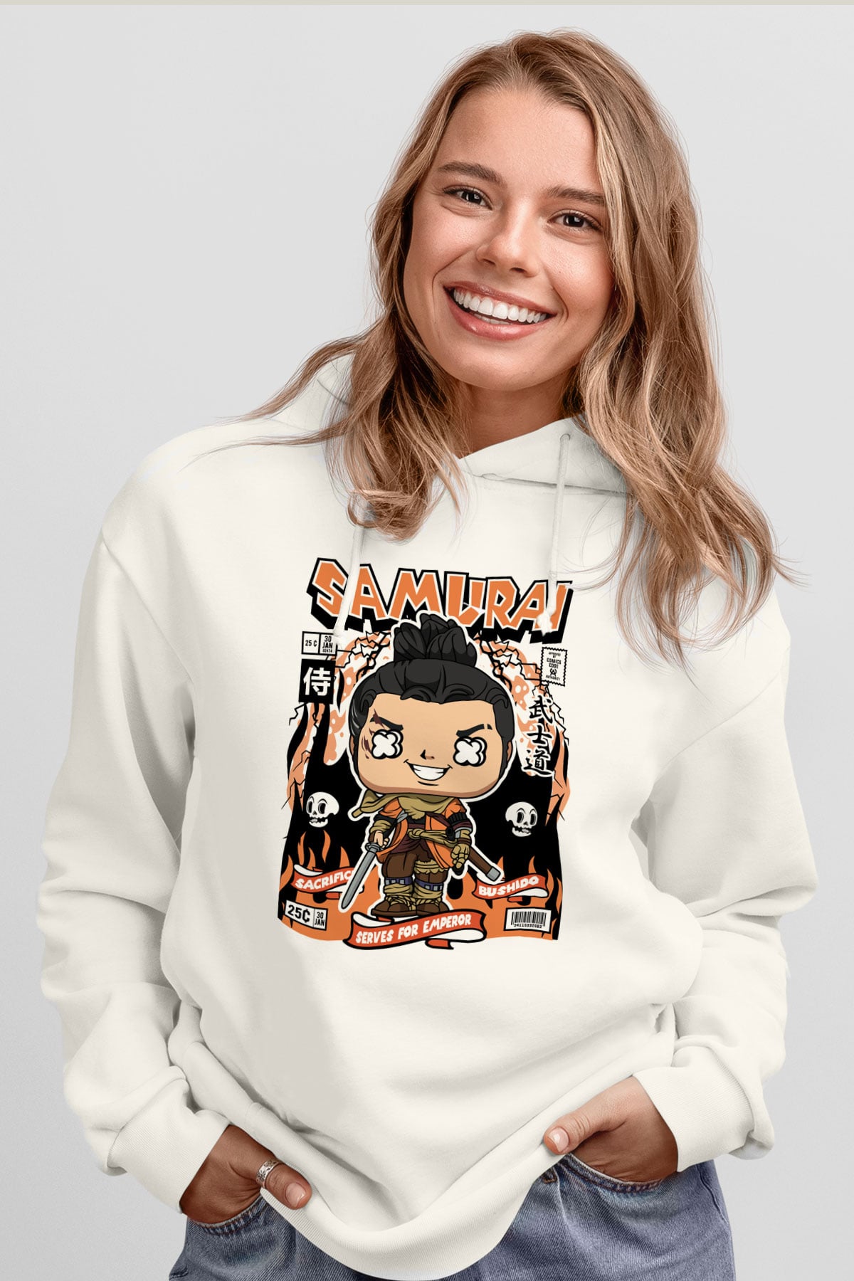 Samurai Baskılı Unisex Beyaz Hoodie