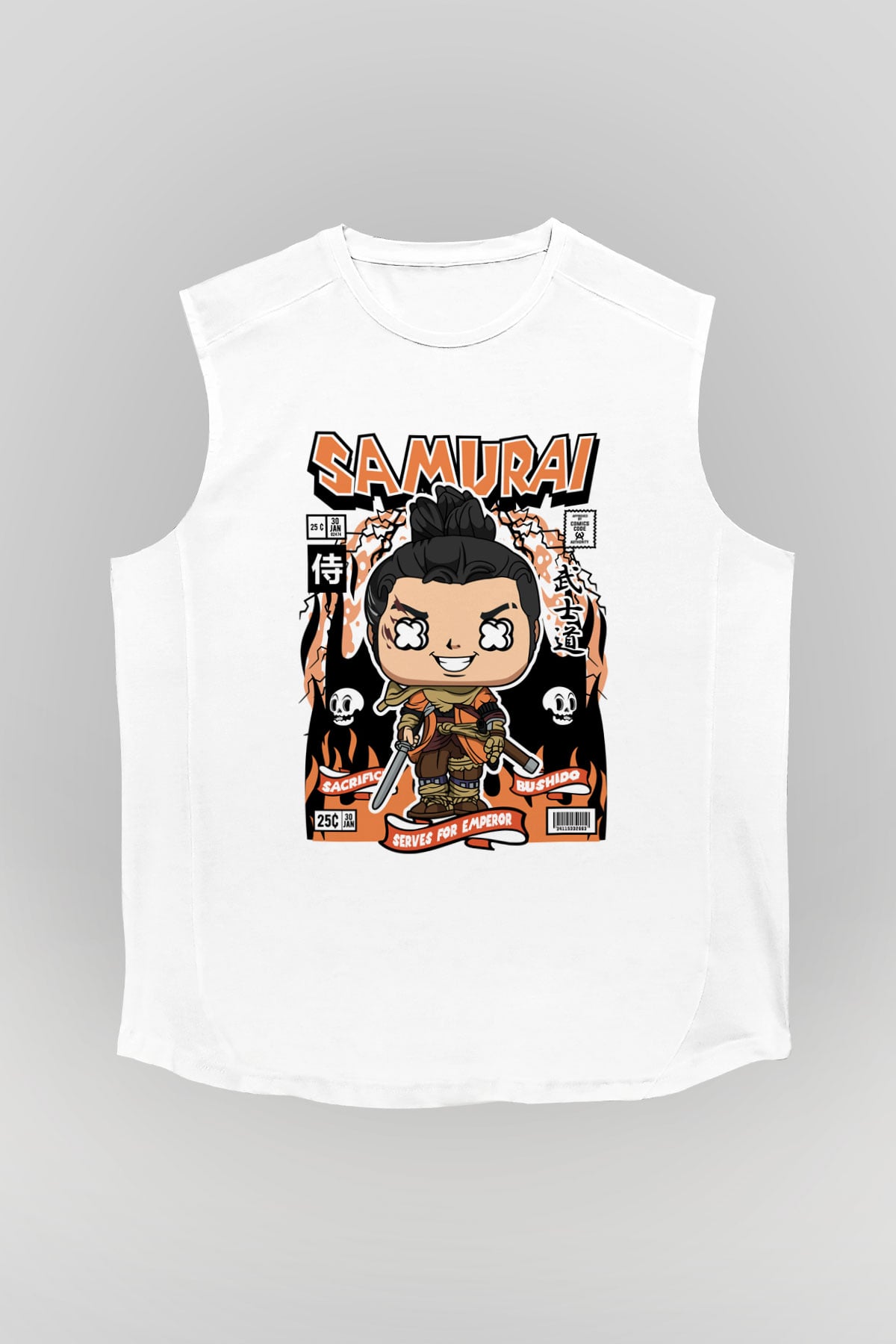 Samurai Baskılı Unisex Beyaz Kolsuz Tişört