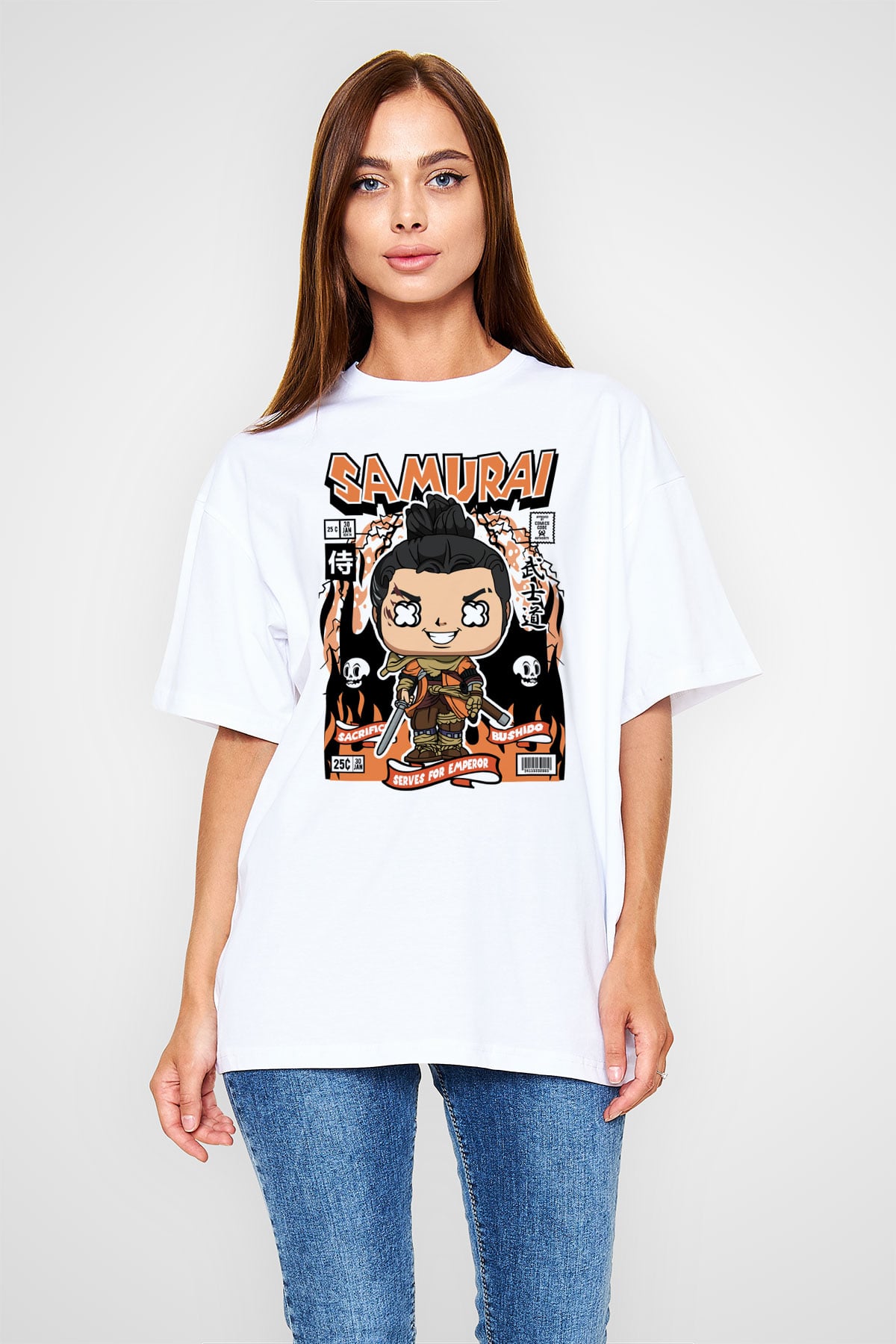 Samurai Baskılı Unisex Beyaz Oversize Tişört