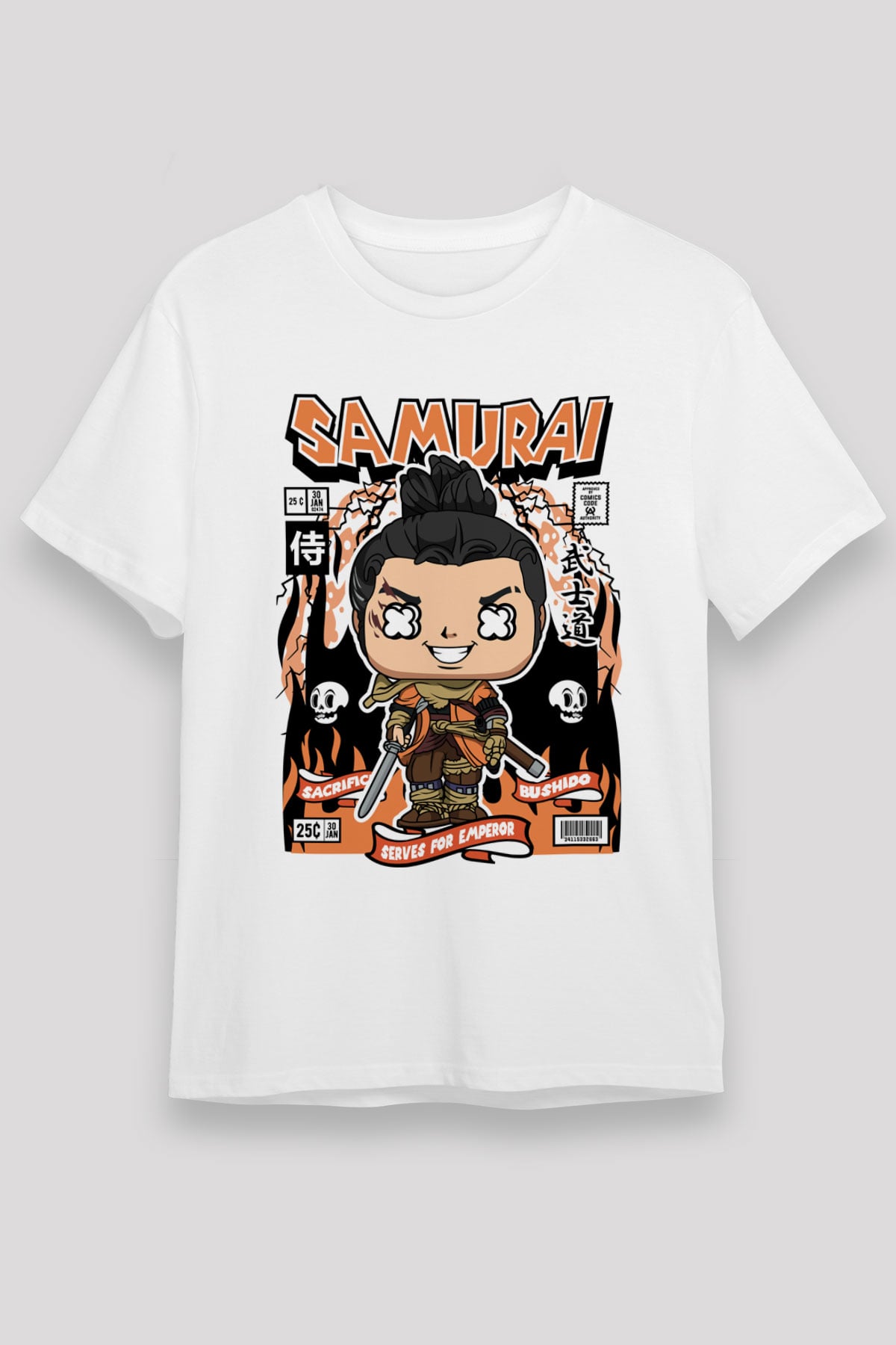 Samurai Baskılı Unisex Beyaz Tişört