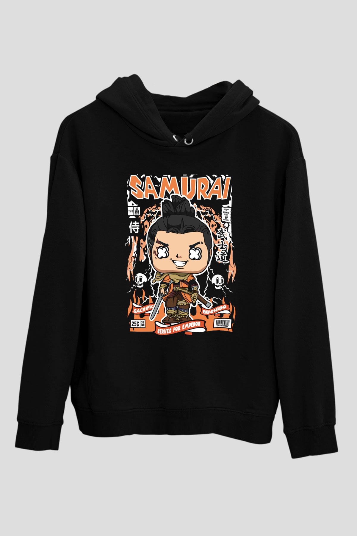 Samurai Baskılı Unisex Siyah Hoodie