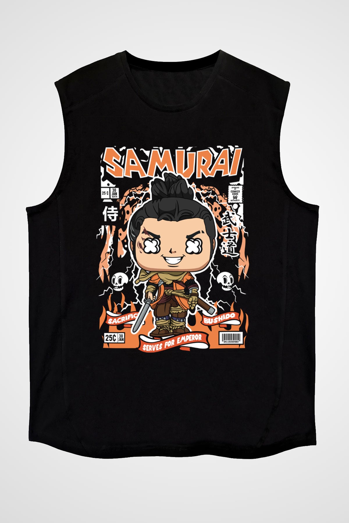 Samurai Baskılı Unisex Siyah Kolsuz Tişört