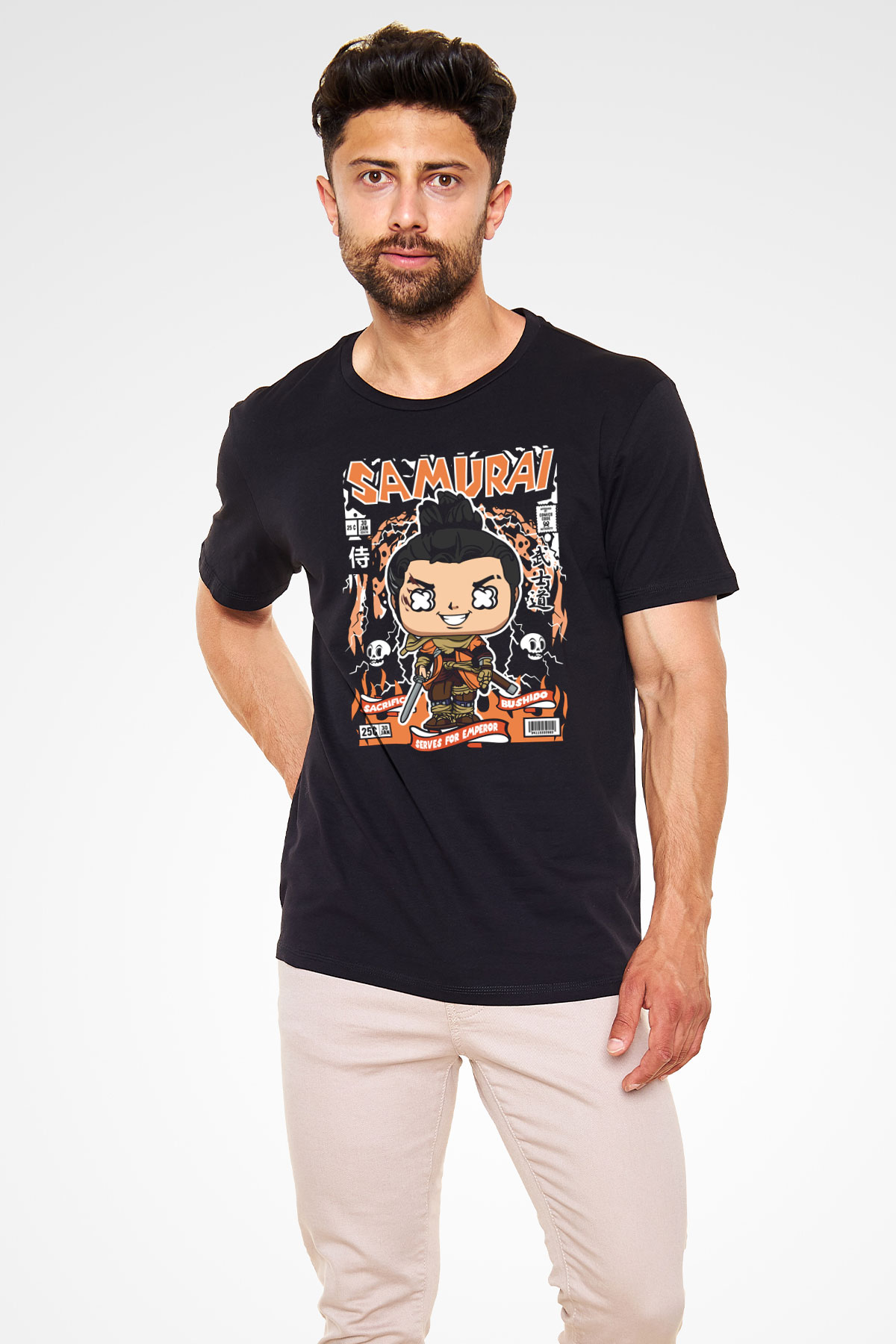 Samurai Baskılı Unisex Siyah Tişört
