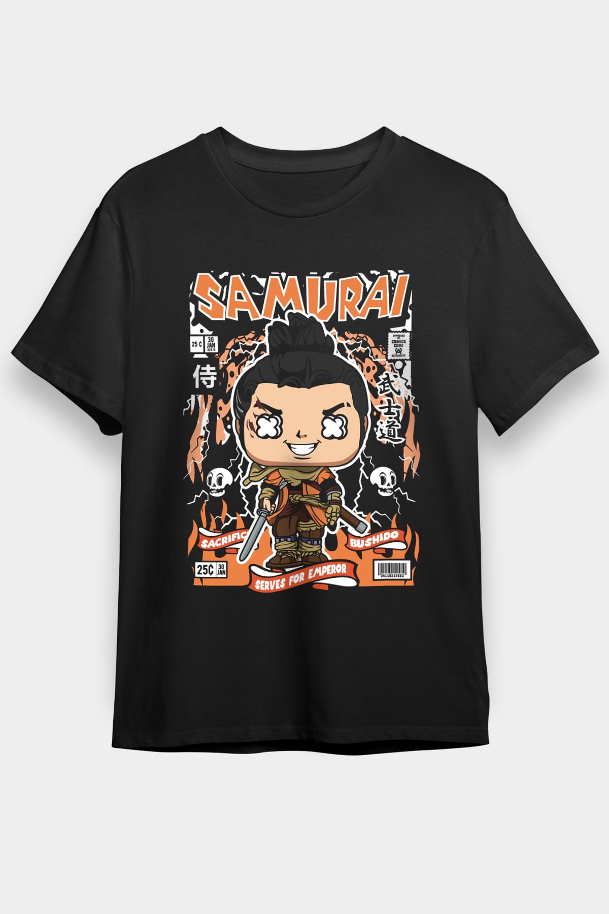 Samurai Baskılı Unisex Siyah Tişört