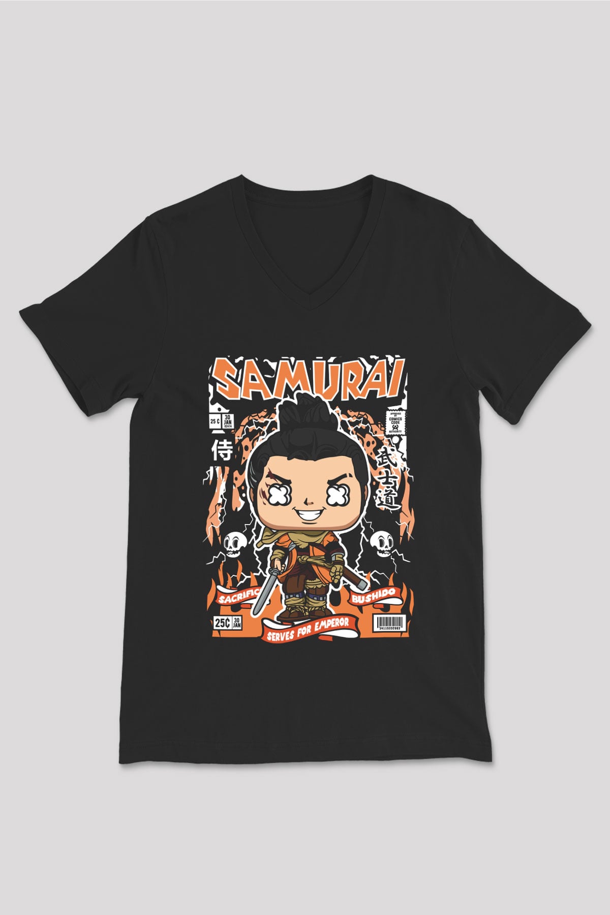 Samurai Baskılı Unisex Siyah V Yaka Tişört