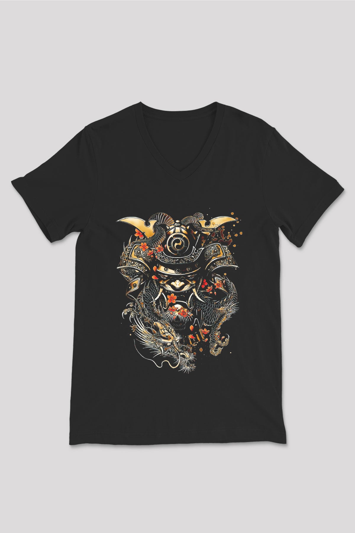 Samurai Baskılı Unisex Siyah  V Yaka Tişört