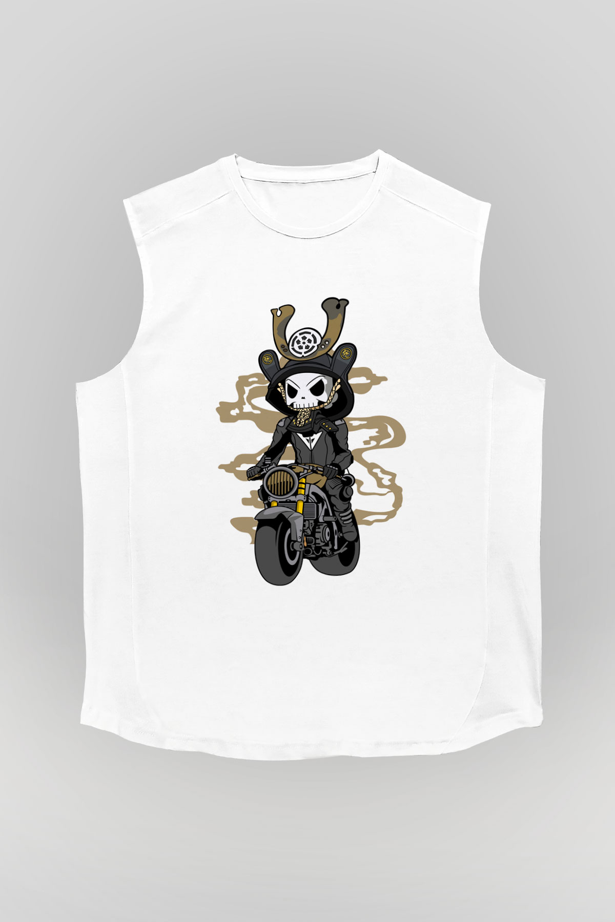Samurai Biker Baskılı Beyaz Unisex Kolsuz Tişört