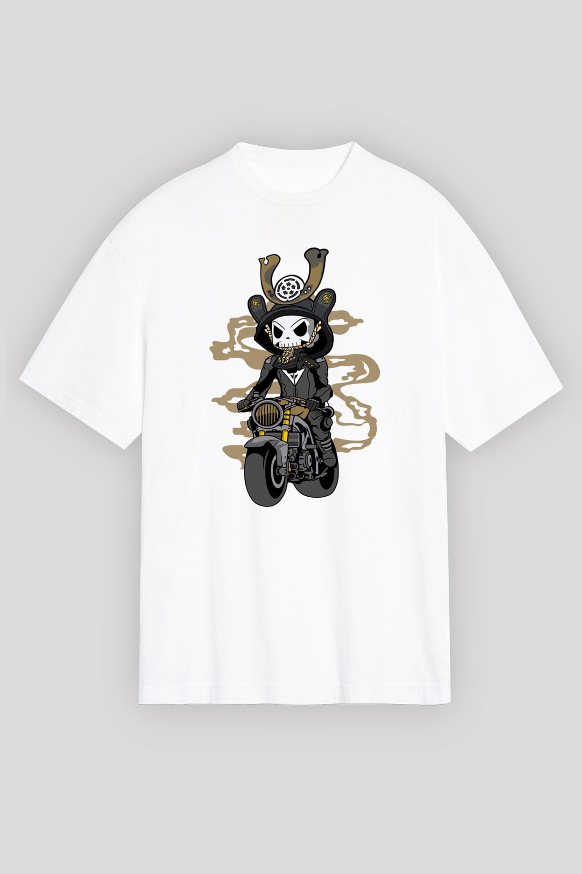 Samurai Biker Baskılı Beyaz Unisex Oversize Tişört