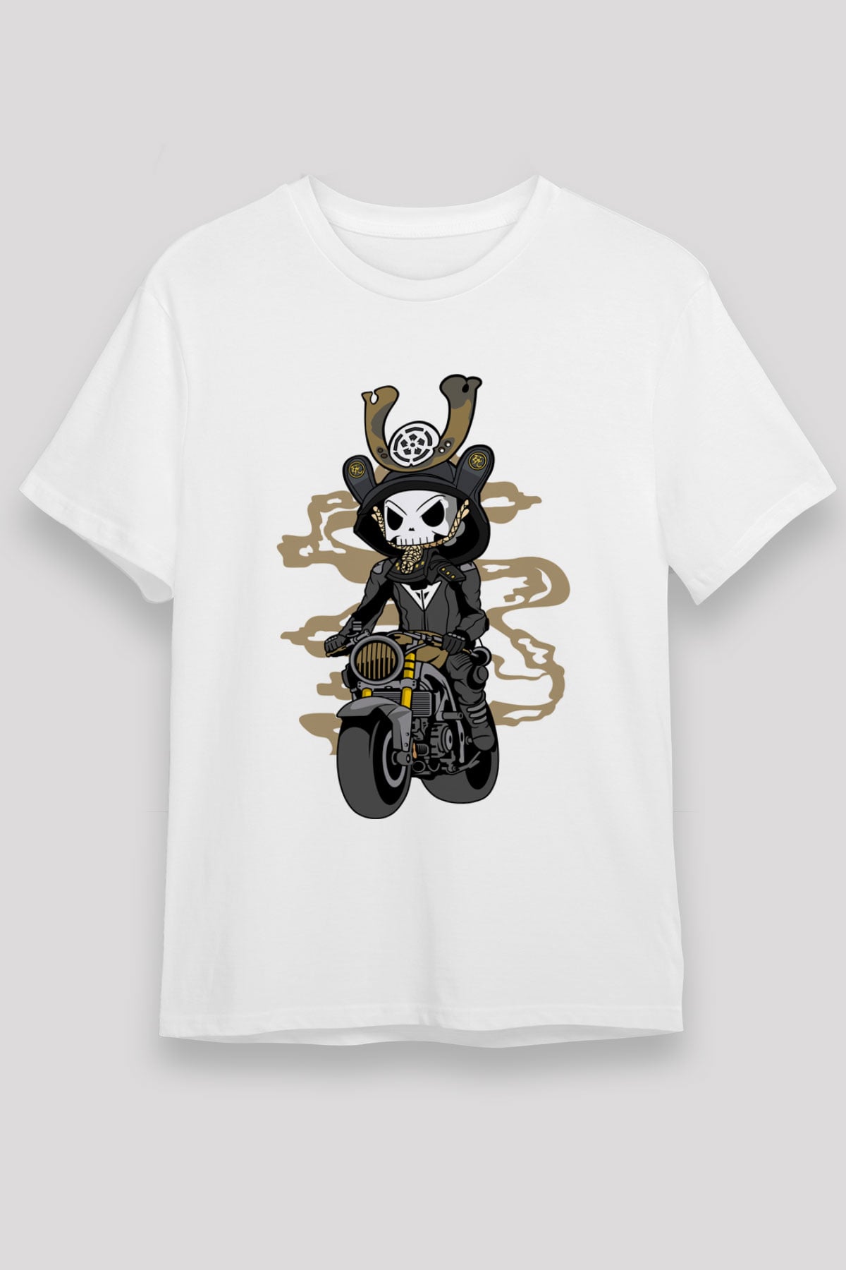 Samurai Biker Baskılı Beyaz Unisex Tişört