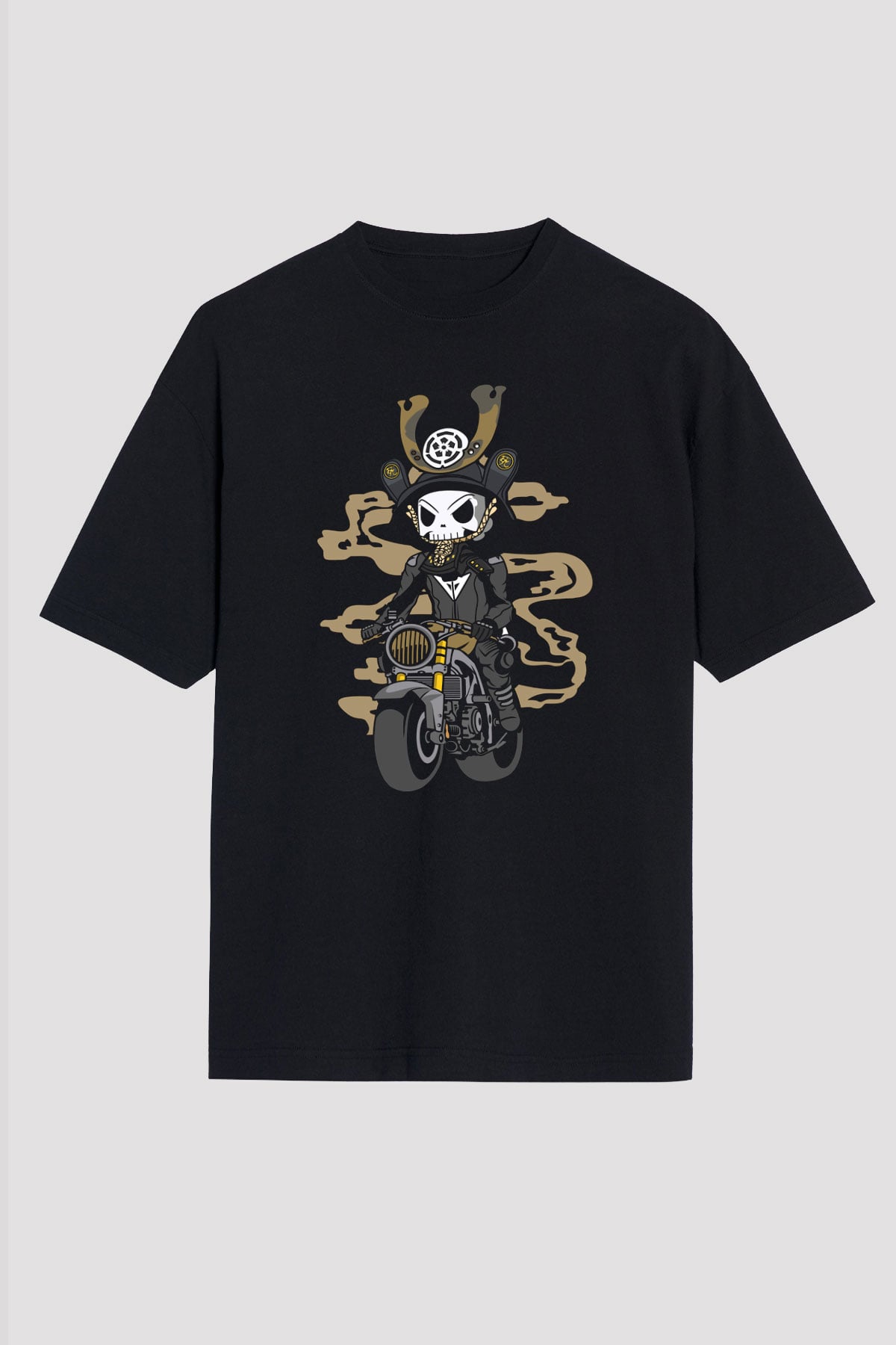 Samurai Biker Baskılı Siyah Unisex Oversize Tişört